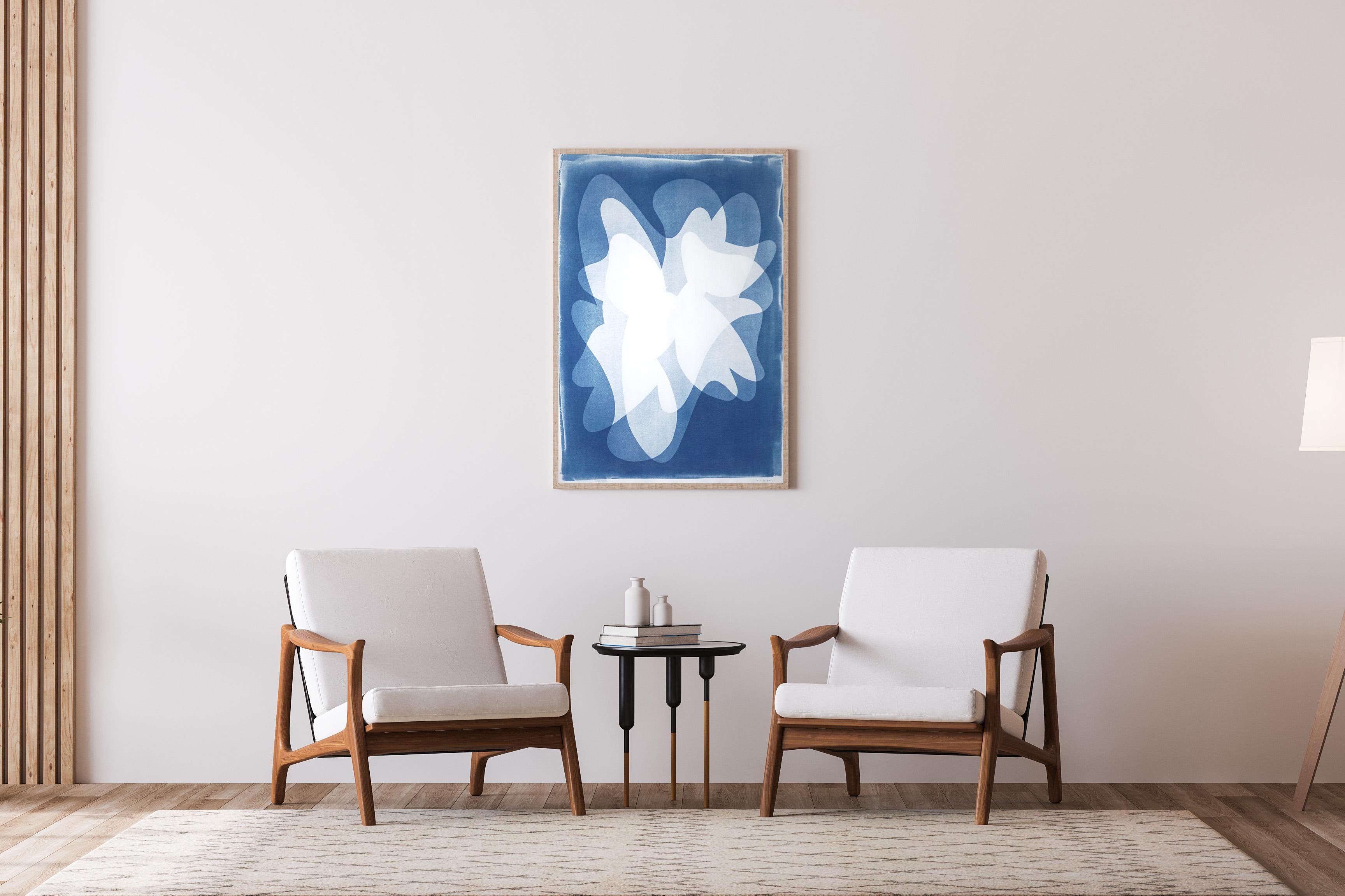 Blue Abstract Tulips, Vertical Flowers Shadows Blue & White, Handmade Botanical - Print by Kind of Cyan