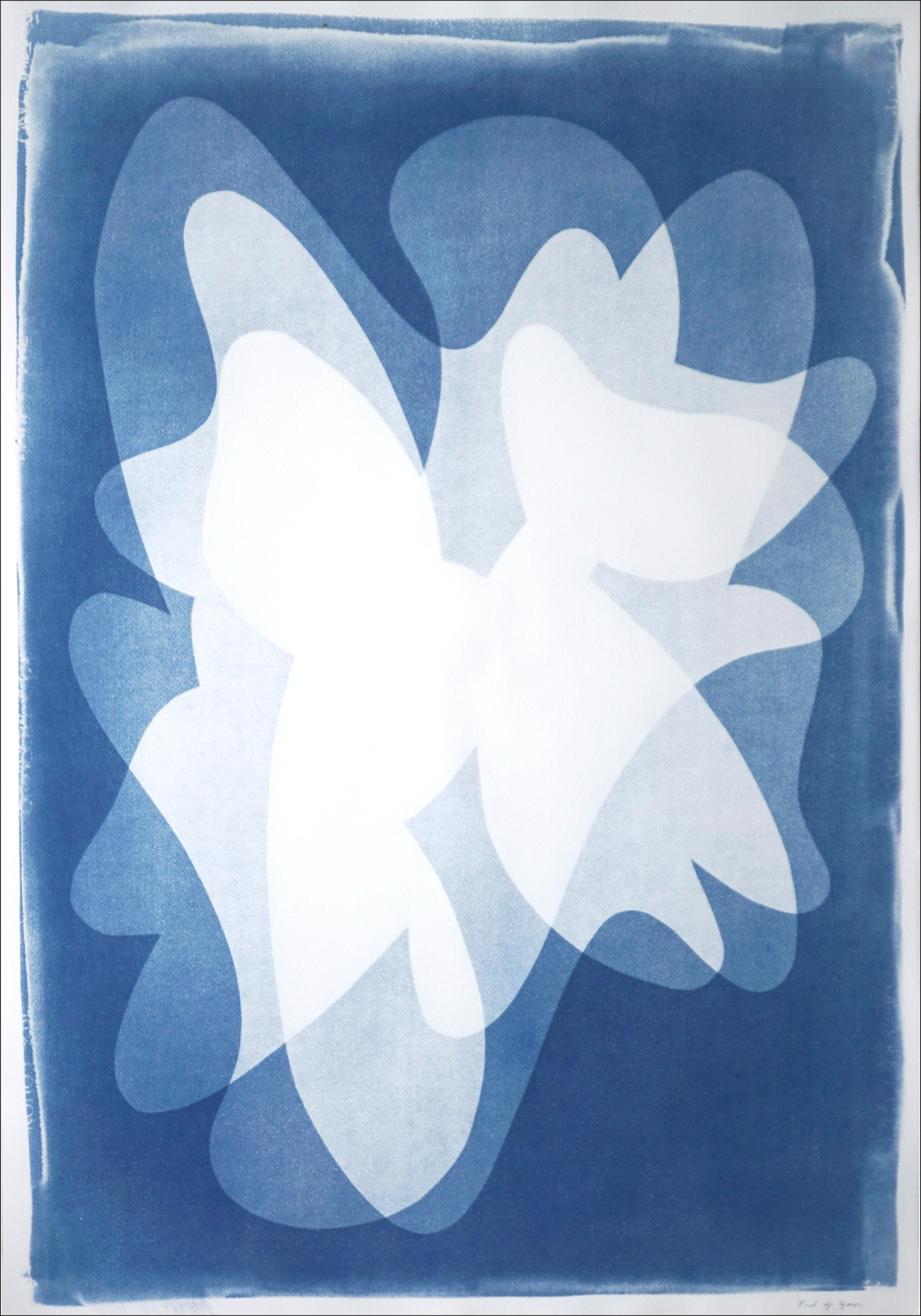Kind of Cyan Abstract Print - Blue Abstract Tulips, Vertical Flowers Shadows Blue & White, Handmade Botanical