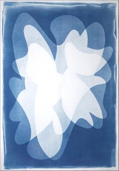 Blue Abstract Tulips, Vertical Flowers Shadows Blue & White, Handmade Botanical