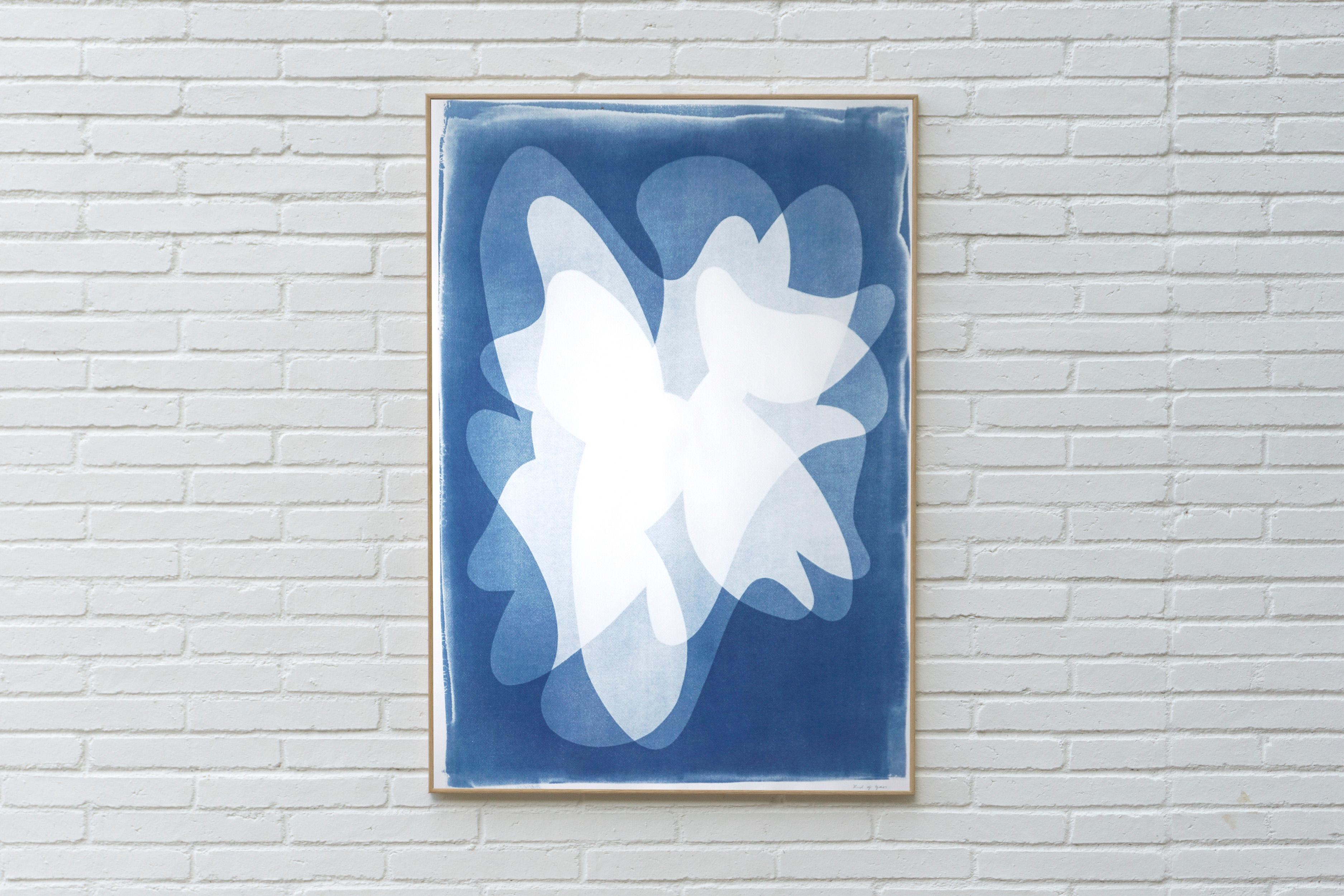 Blue Abstract Tulips, Vertical Flowers Shadows in Blue, Handmade Cyanotype 2022 2