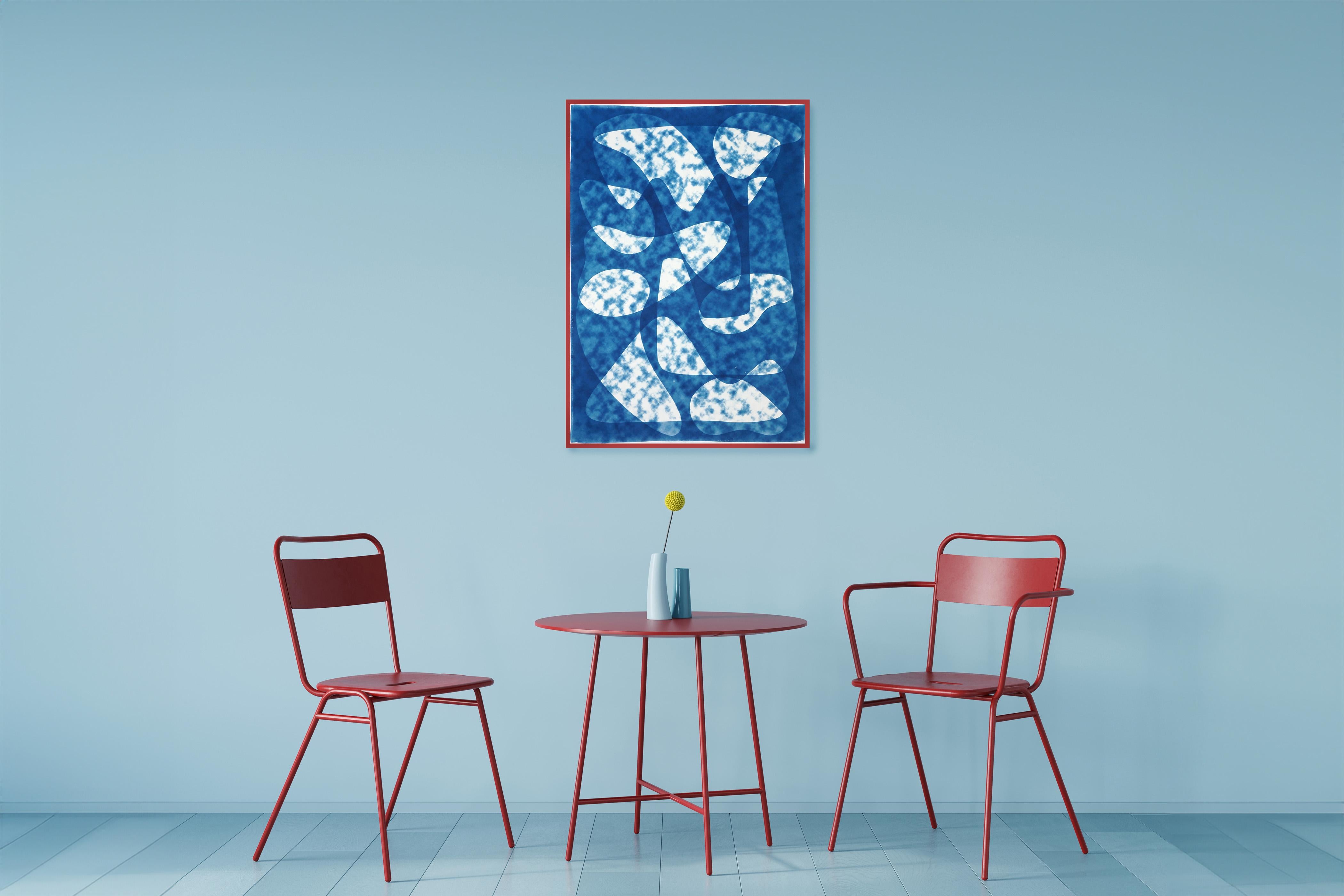 Blau verschwommener Traum, blaue Töne abstrakte Formen, einzigartige Monotypie Cyanotypie, Papier im Angebot 3