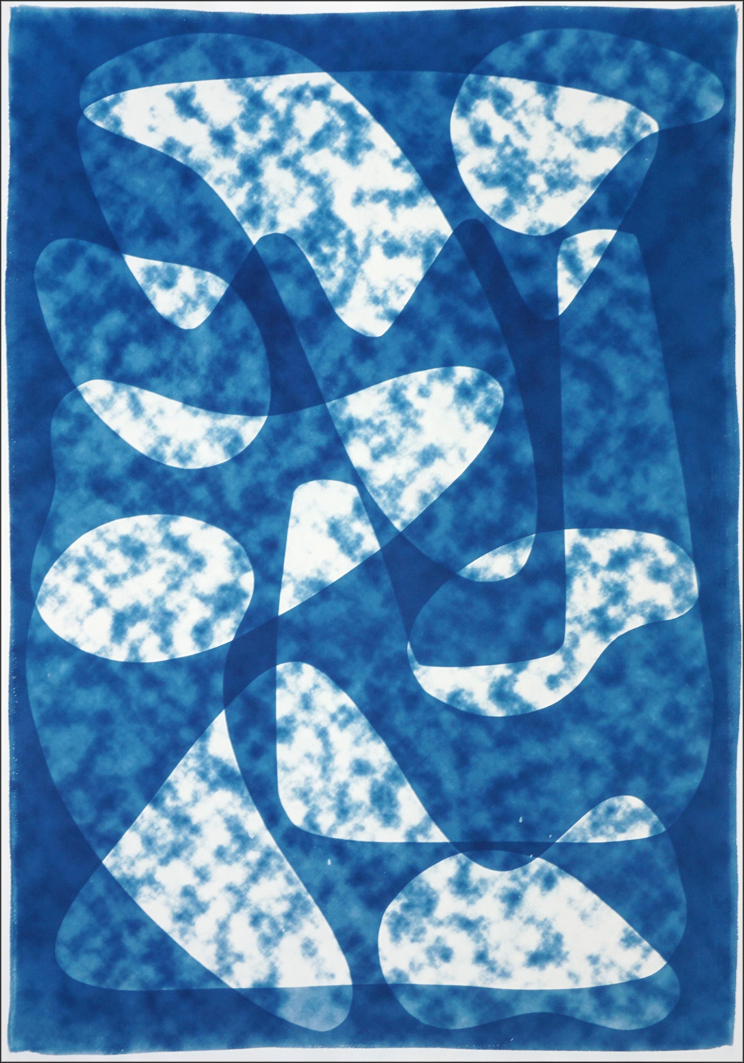 Blue Blurry Dream, Blue Tones Abstract Shapes, Unique Monotype Cyanotype, Paper
