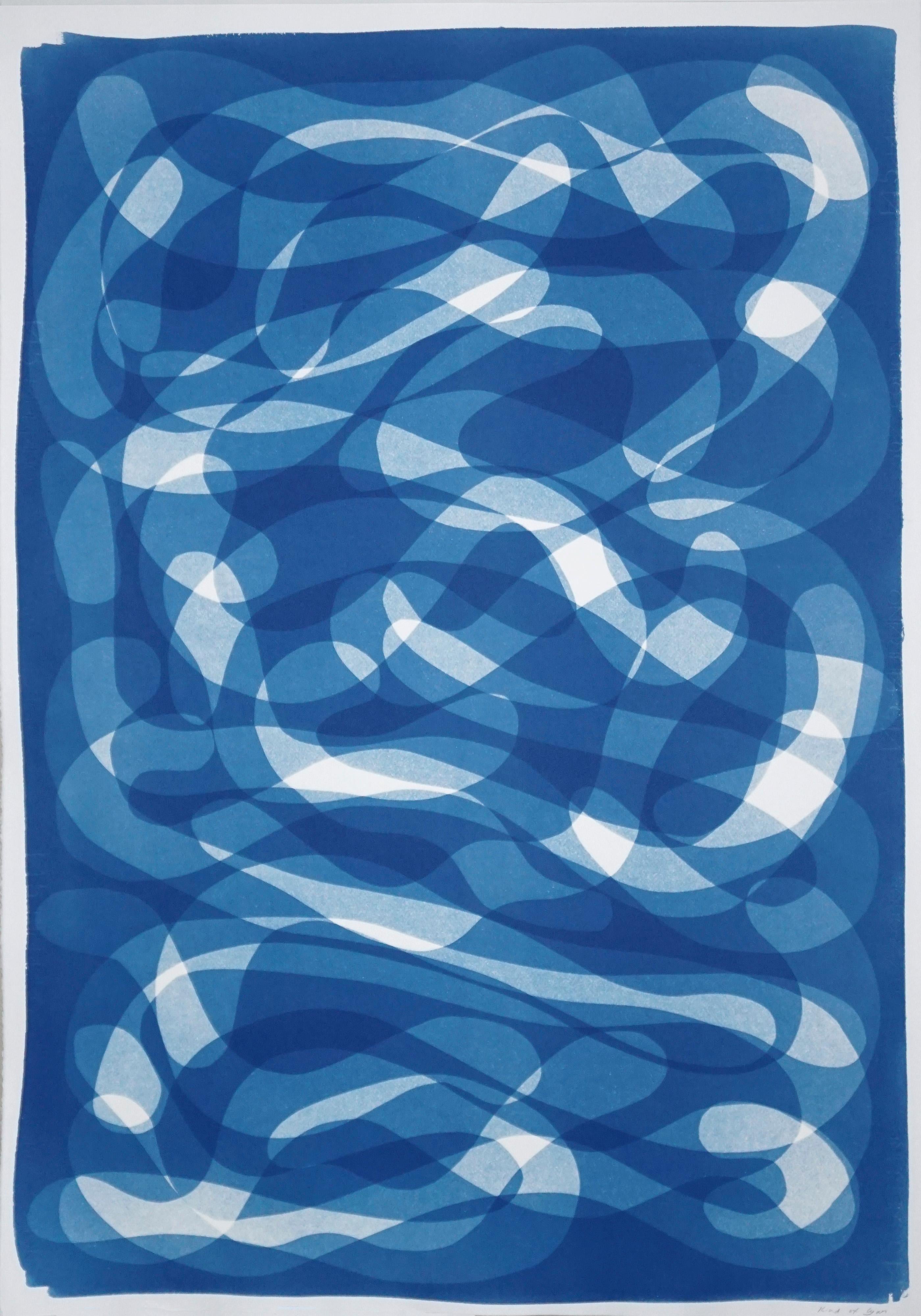 Blue Knots and Hoops, Blue Tones Monotype on Watercolor Paper of Organic Lines 