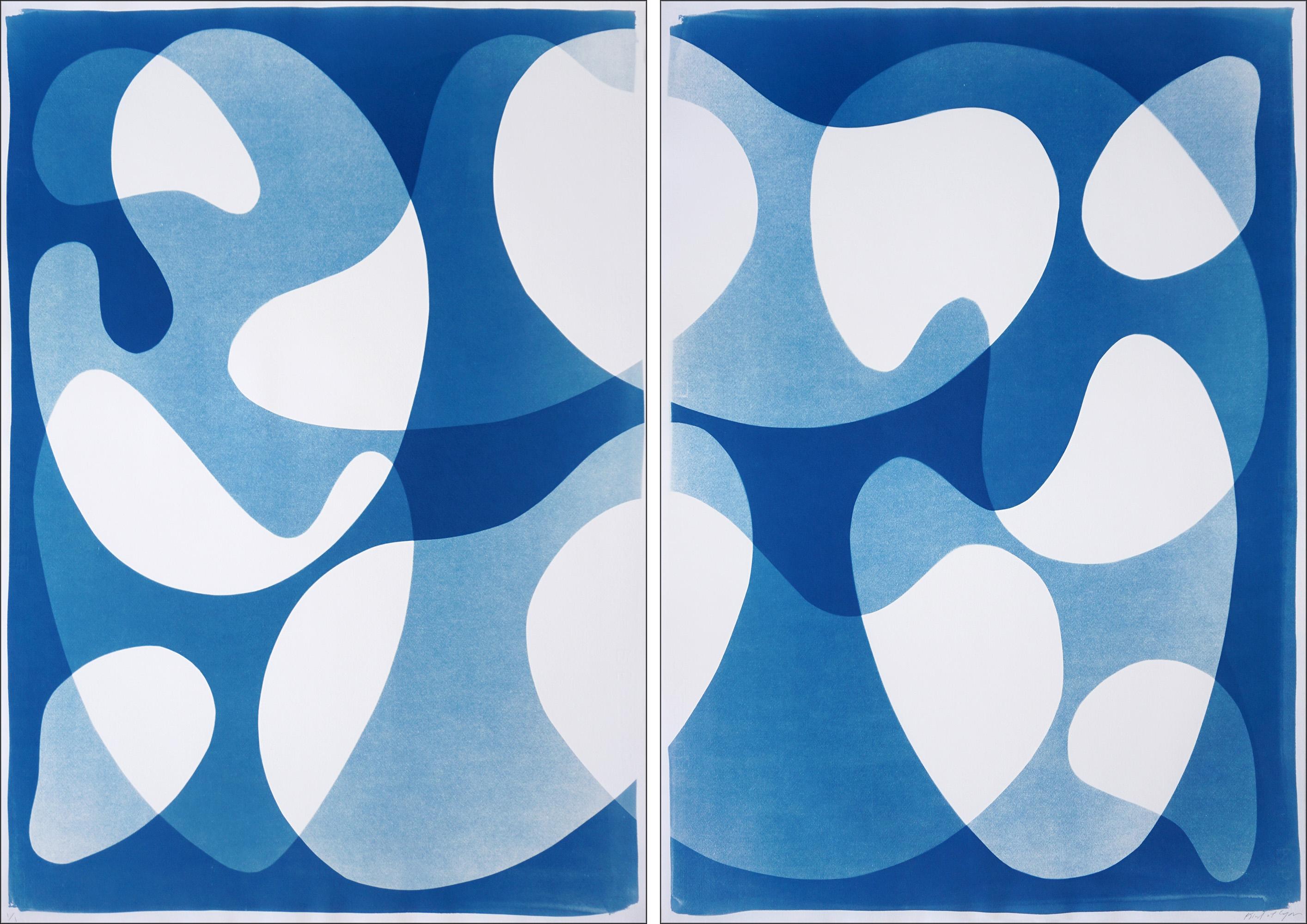 Blue Modular Forms, Organic Floating Forms Diptych, Mobile Shapes Cyanotype