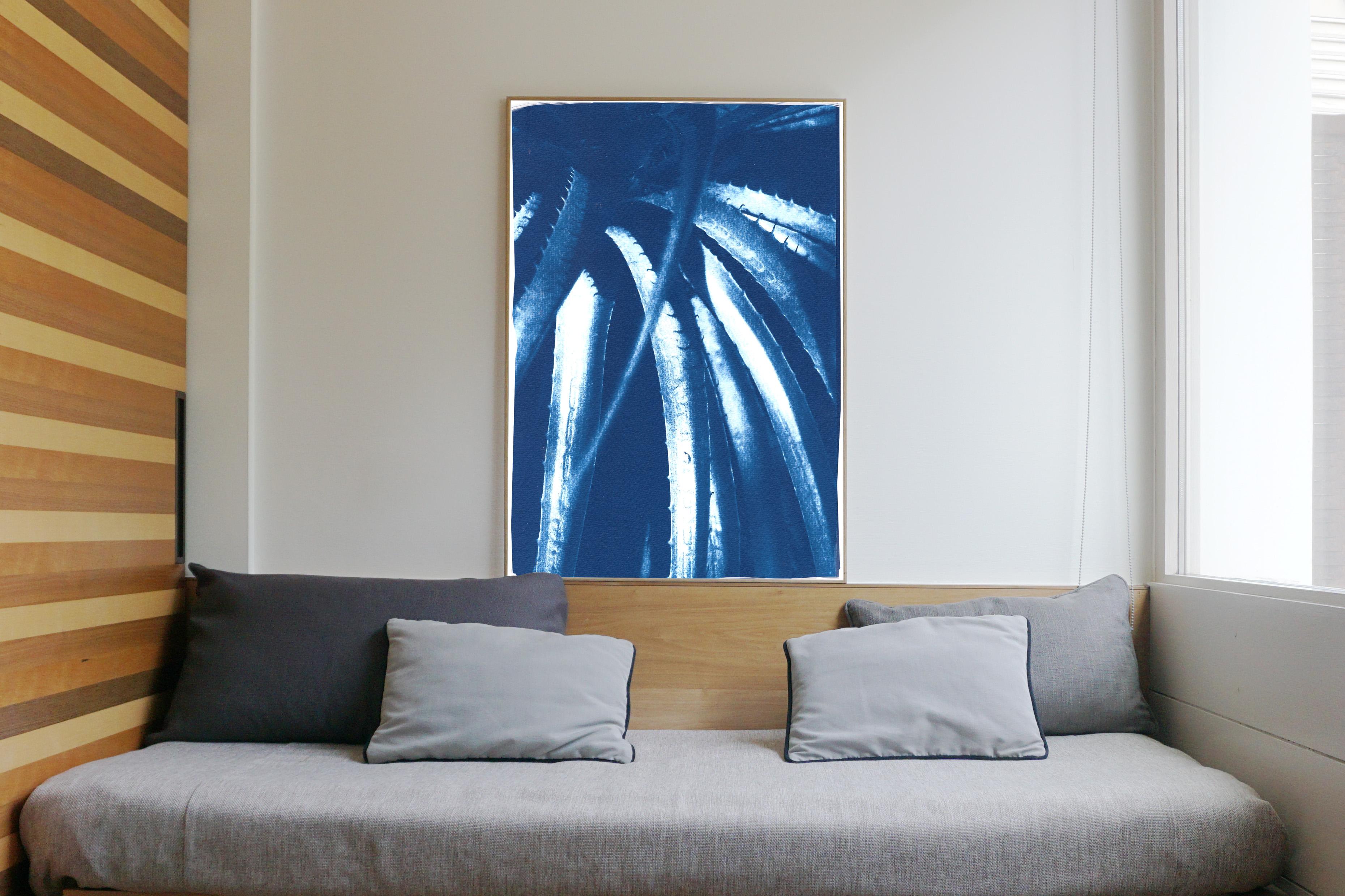 Jurassic Aloe Leaves, Botanical Cyanotype on Paper, Blue Plants, Nature Details - Print by Kind of Cyan