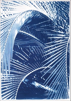 Botanic Garden Palm Leaves, Handmade Tropical Still Life Print in Blue Tones