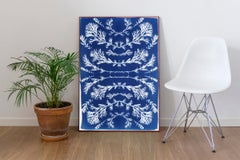Botanical Composition Cyanotype of Vintage Pressed Flowers, White and Blue