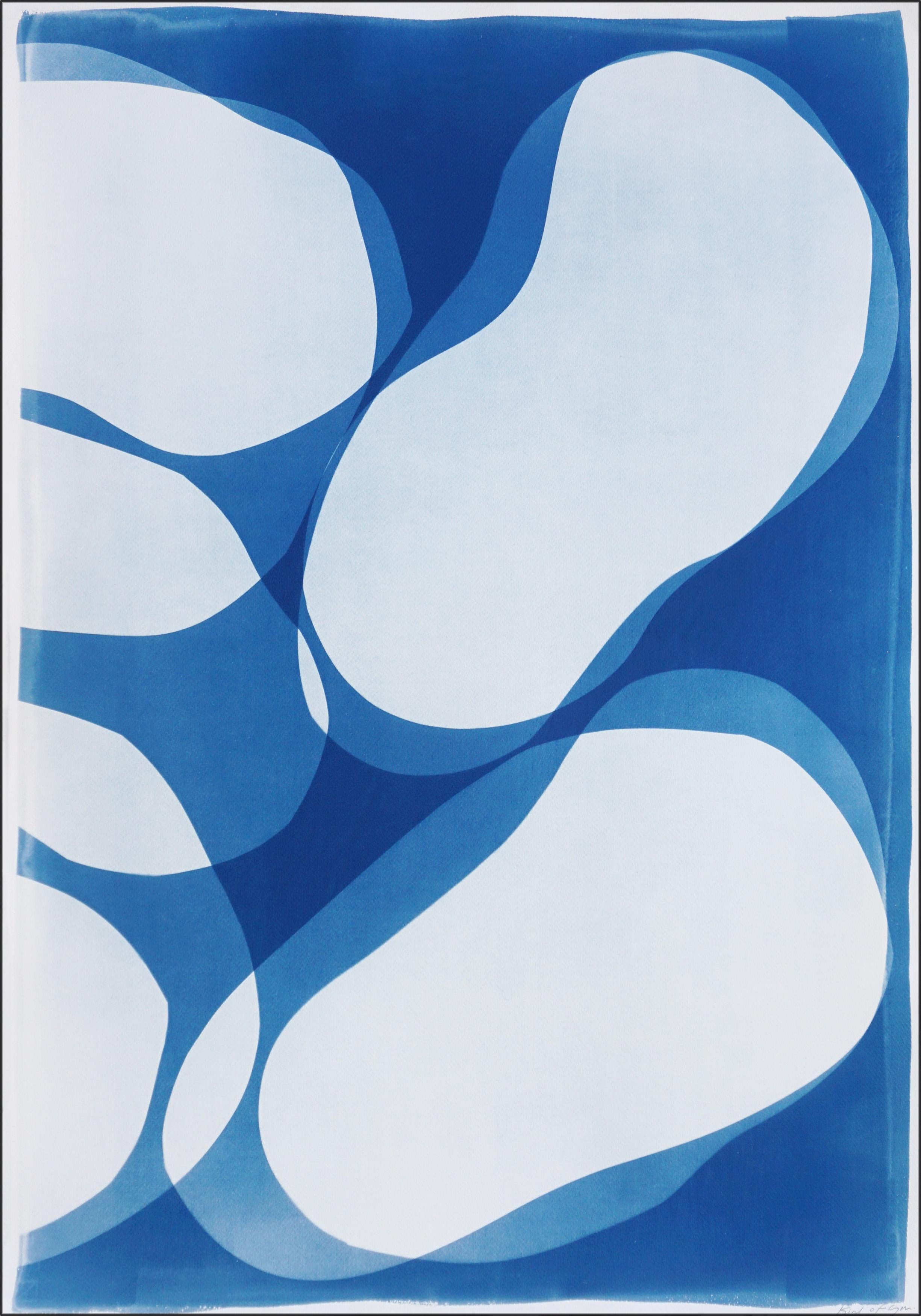 Il s'agit d'un cyanotype exclusif imprimé à la main sur du papier aquarelle.
Ce diptyque s'inspire des formes et des compositions modernes du milieu du siècle dernier. Il a été réalisé en superposant des papiers découpés et différentes expositions à