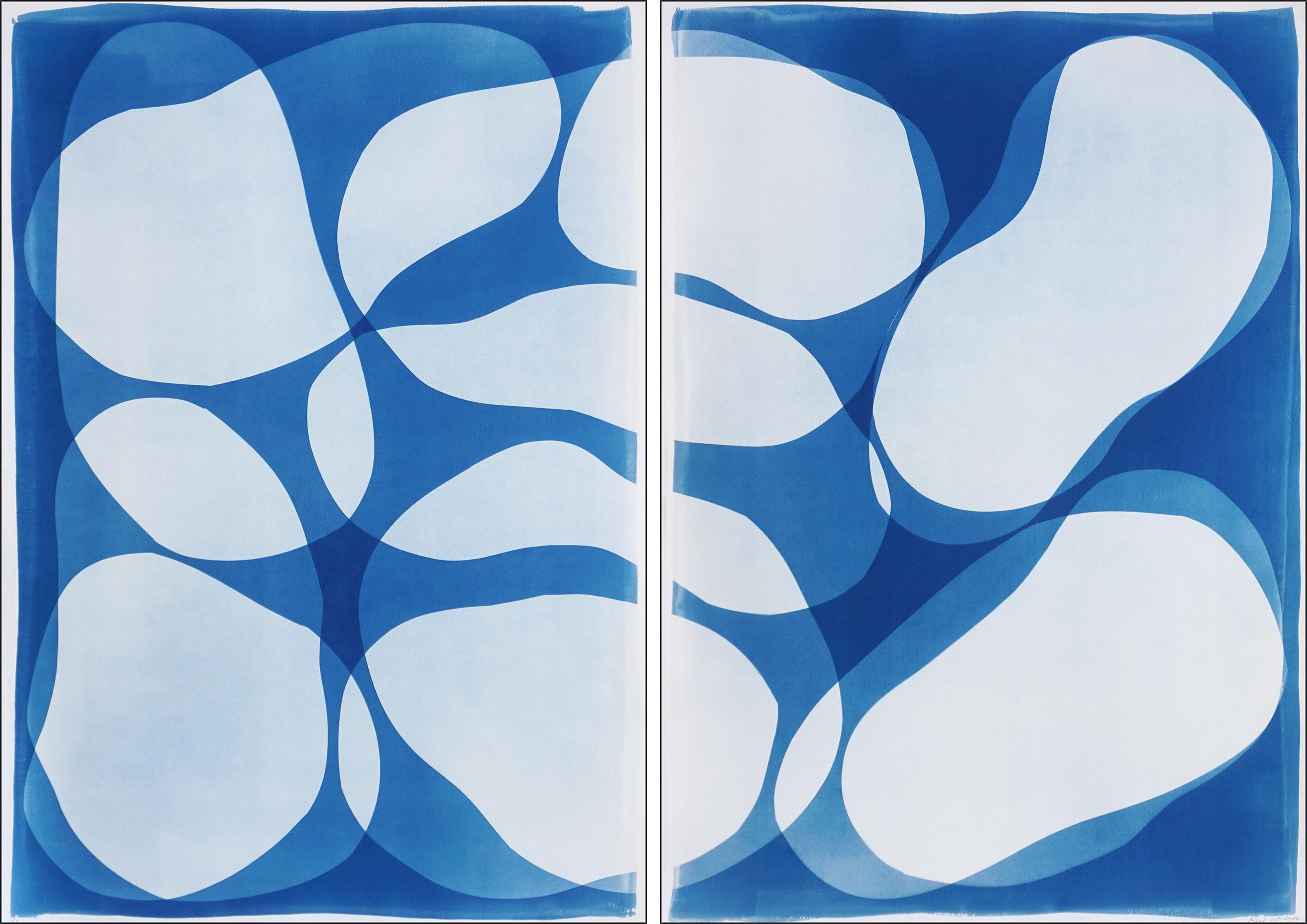 Break Apart, dittico di forme moderne, monotipo unico, carta acquerellata, toni blu