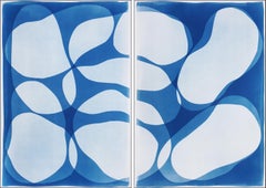 Break Apart, dittico di forme moderne, monotipo unico, carta acquerellata, toni blu