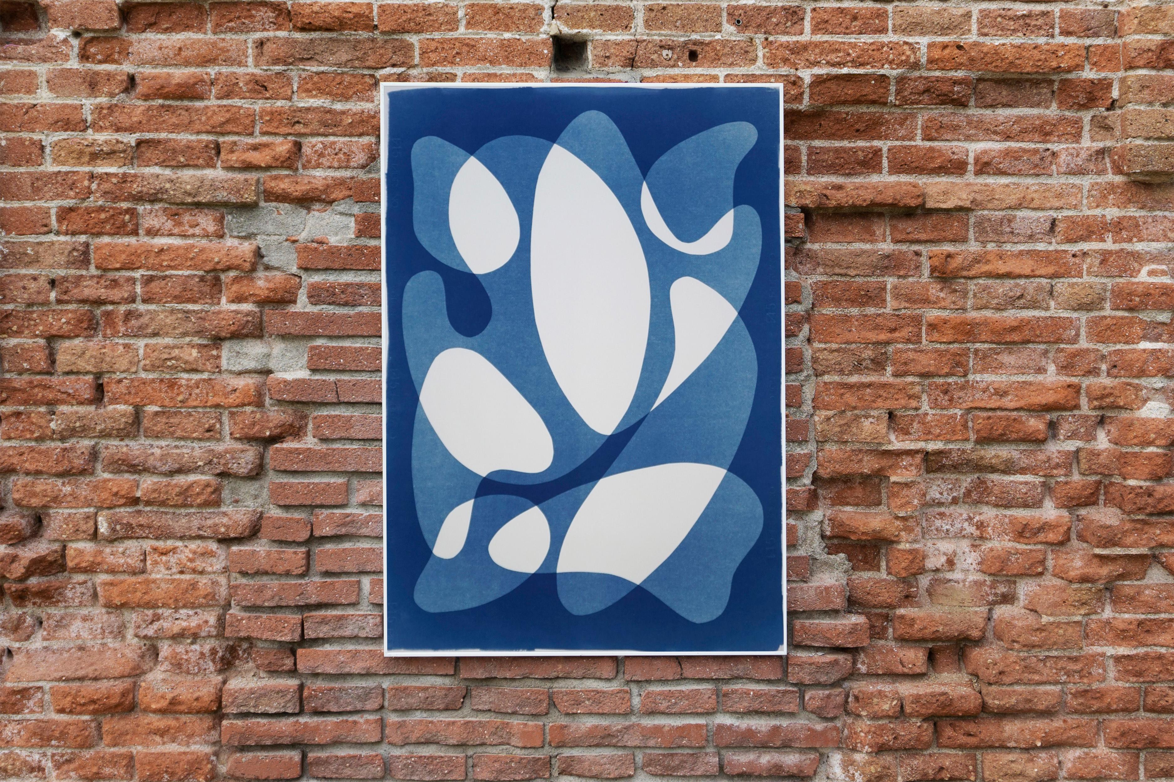 Blue Flowing Curved Shapes, Modern Mid-Century Print on Paper, Blues, Neutral 2
