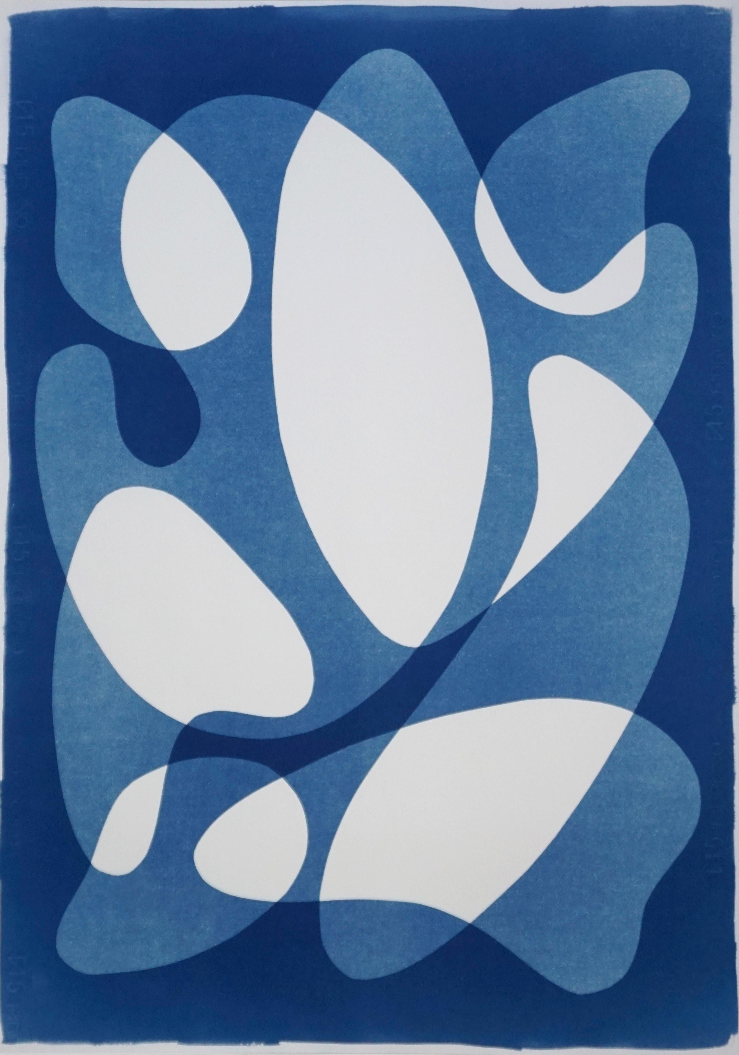Blue Flowing Curved Shapes, Modern Mid-Century Print on Paper, Blues, Neutral 
