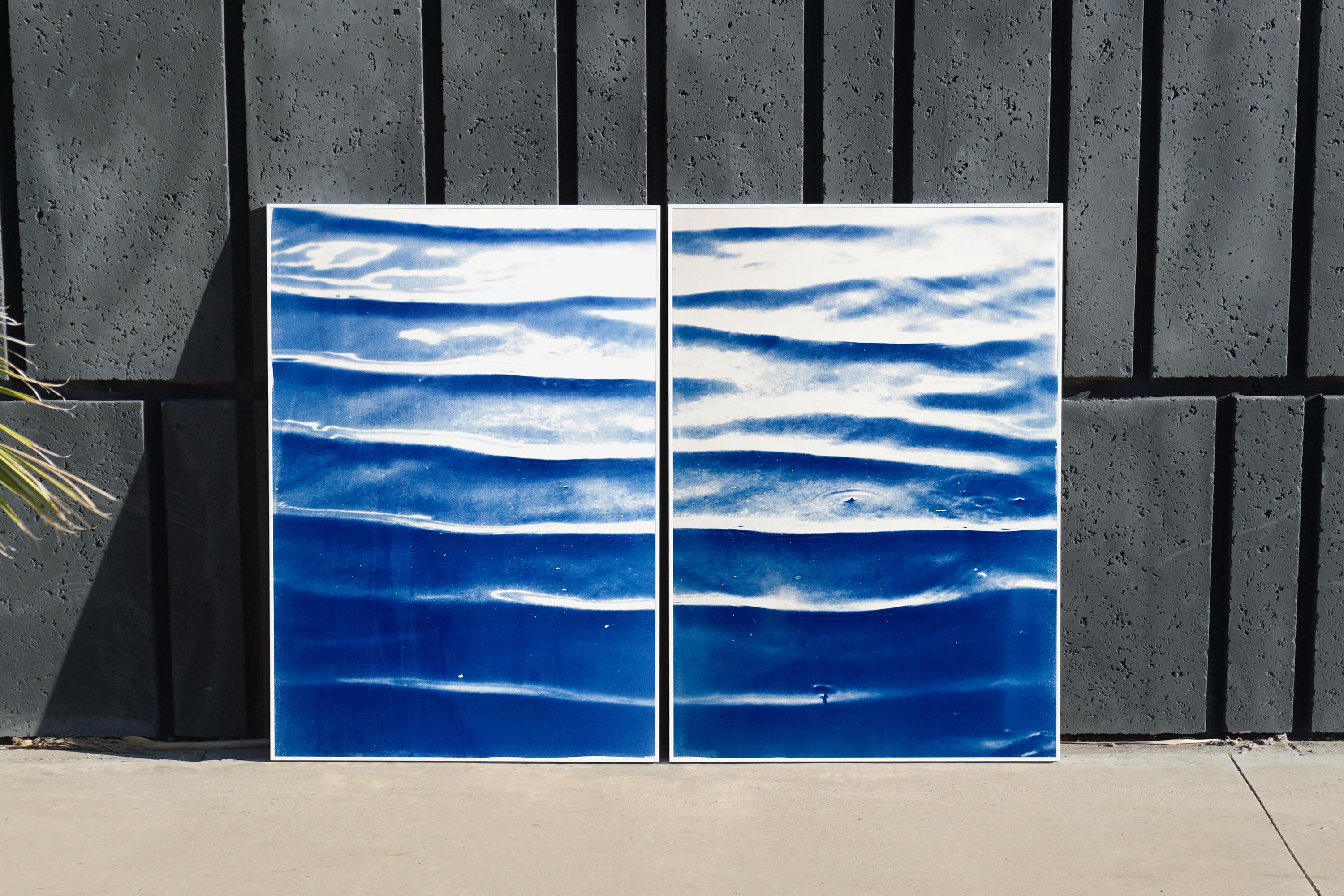 Calm Water Blue Tones Diptych of Japanese Zen Pond Ripples, Feng Shui Cyanotype  - Photograph by Kind of Cyan