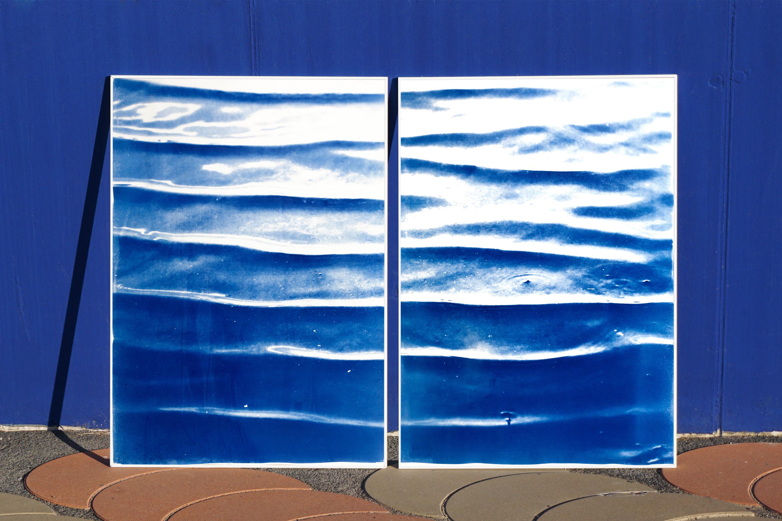 Calm Water Blue Tones Diptych of Japanese Zen Pond Ripples, Feng Shui Cyanotype  1