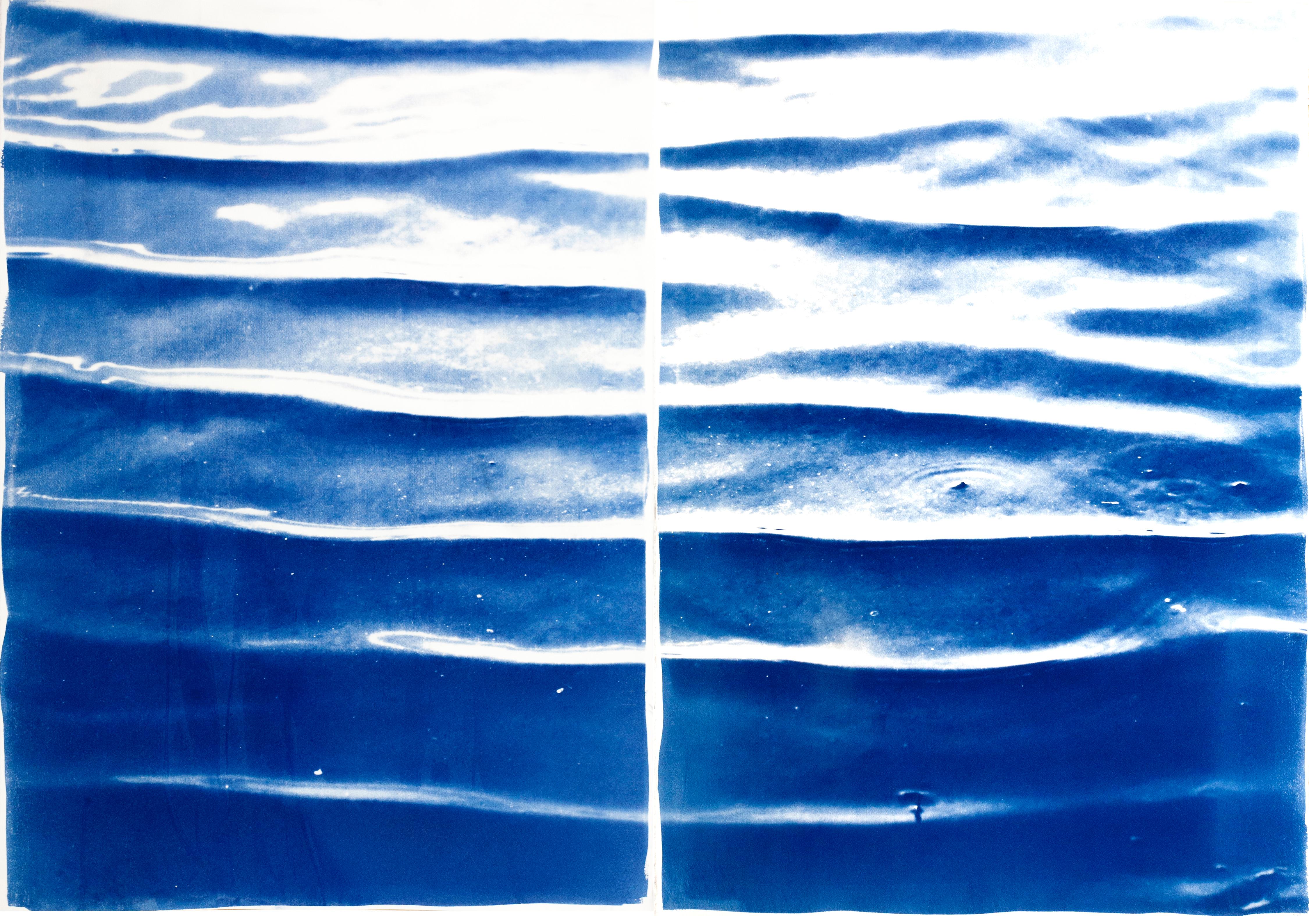 Calm Water Blue Tones Diptych of Japanese Zen Pond Ripples, Feng Shui Cyanotype 