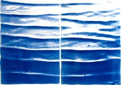 Calm Water Blue Tones Diptych of Japanese Zen Pond Ripples, Feng Shui Cyanotype 