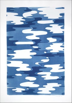 Camouflage Reflections, Monotype Cyanotype Print, Memphis Style Blue Tones, 2021