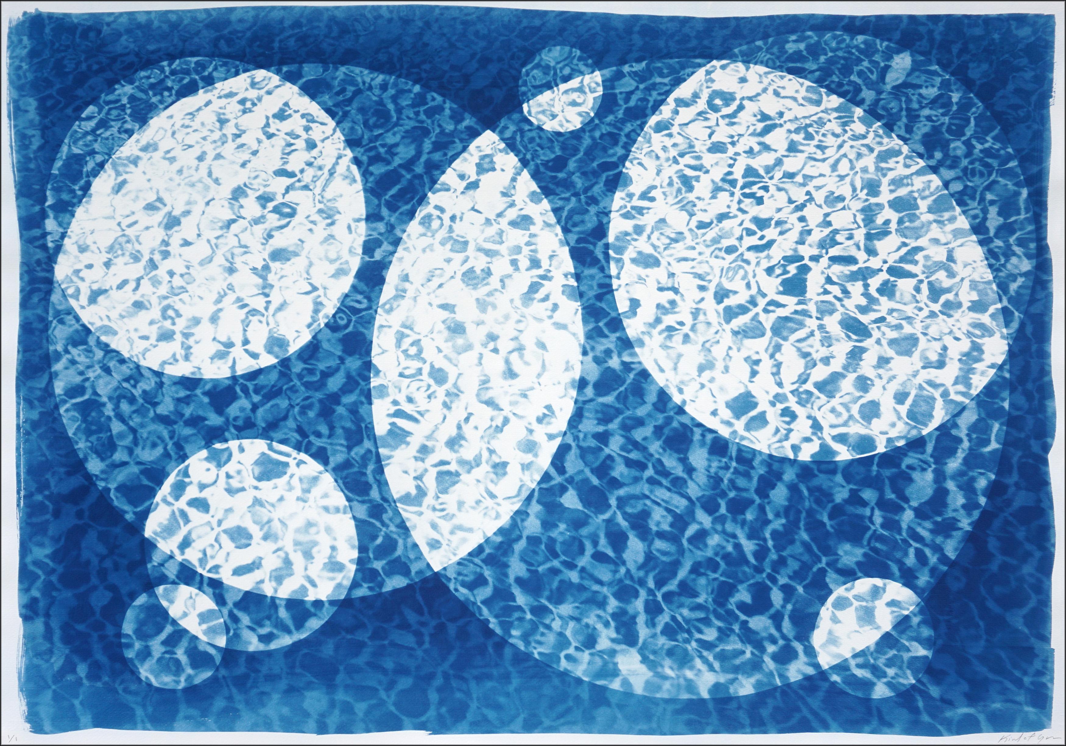 Circles in Swimming Pool, Blue and White, Geometric Patterns, Cyanotype on Paper