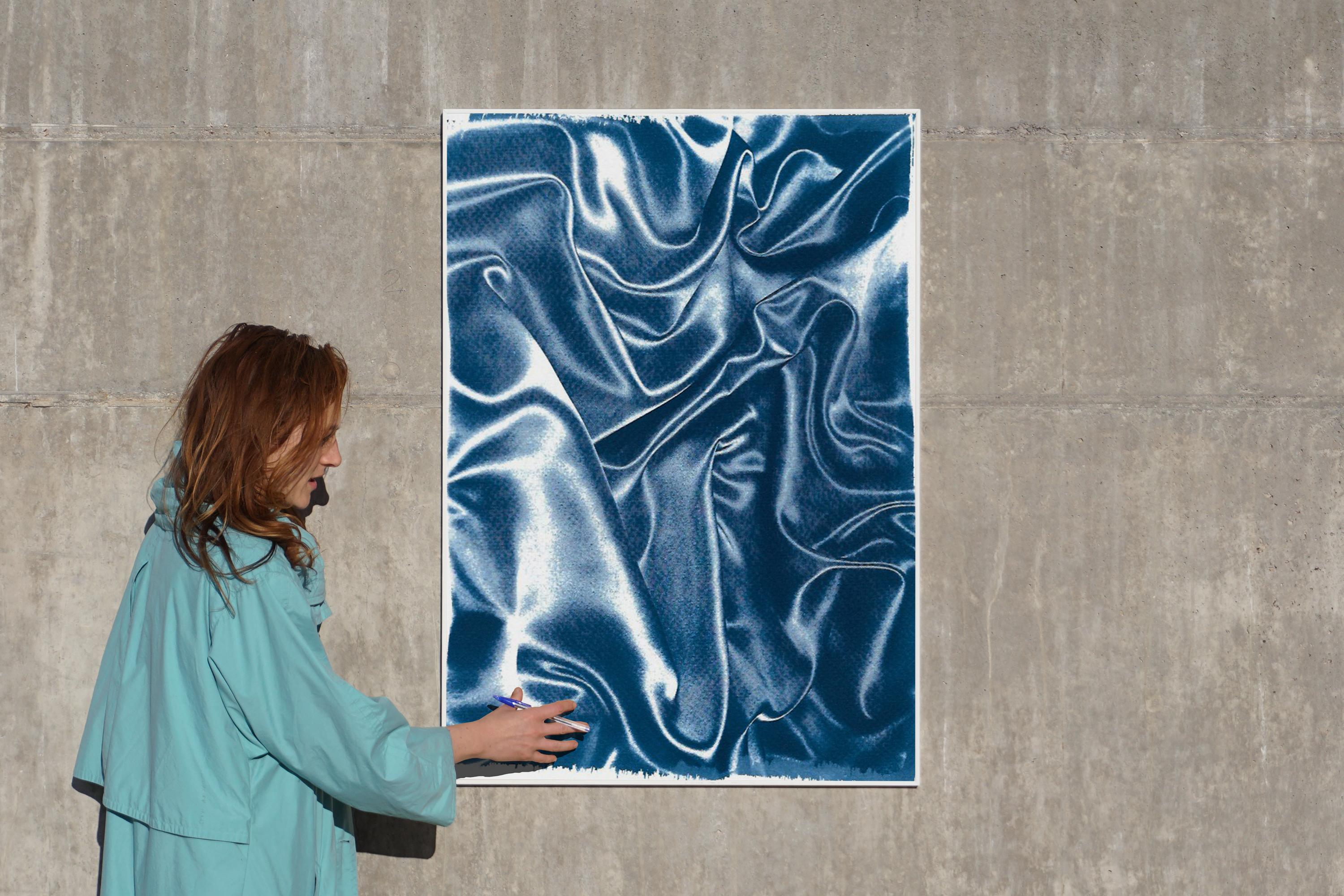 Classic Blue Silk Movement, Abstract Fabric Gestures, Contemporary Cyanotype  - Painting by Kind of Cyan
