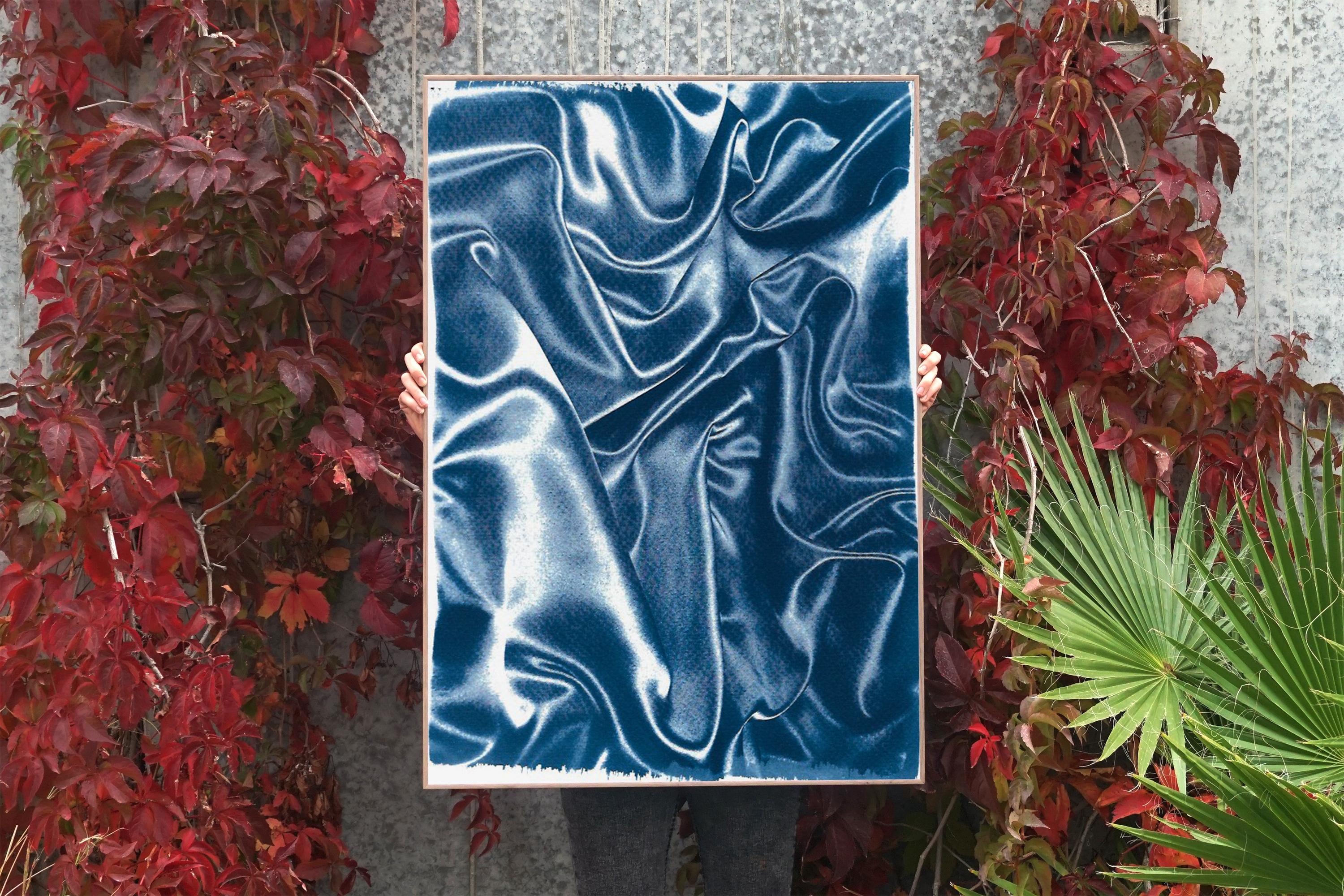 Classic Blue Silk Movement, Abstract Fabric Gestures, Contemporary Cyanotype  - Modern Painting by Kind of Cyan