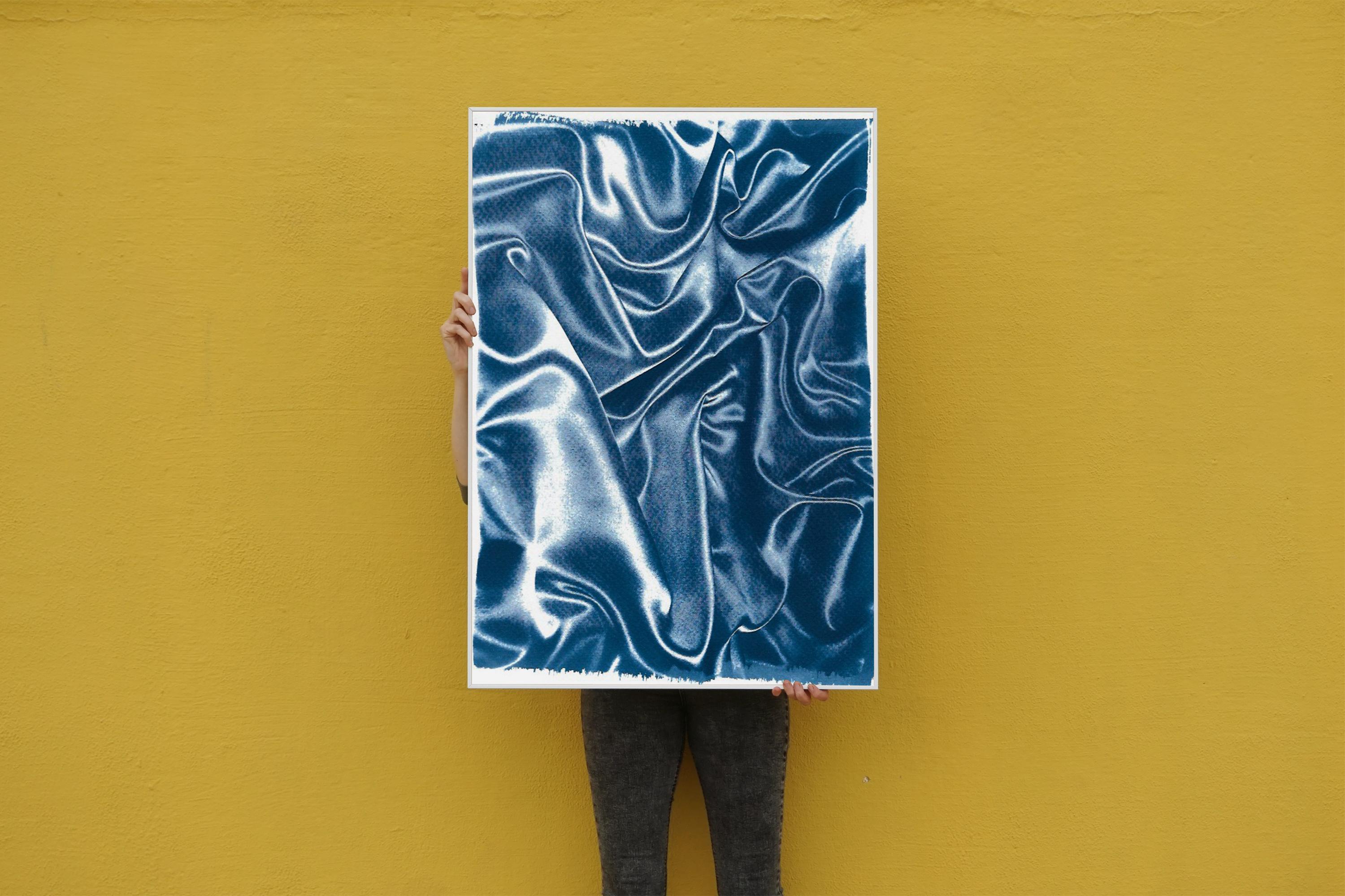 Classic Blue Silk Movement, Abstract Fabric Gestures, Contemporary Cyanotype  For Sale 1