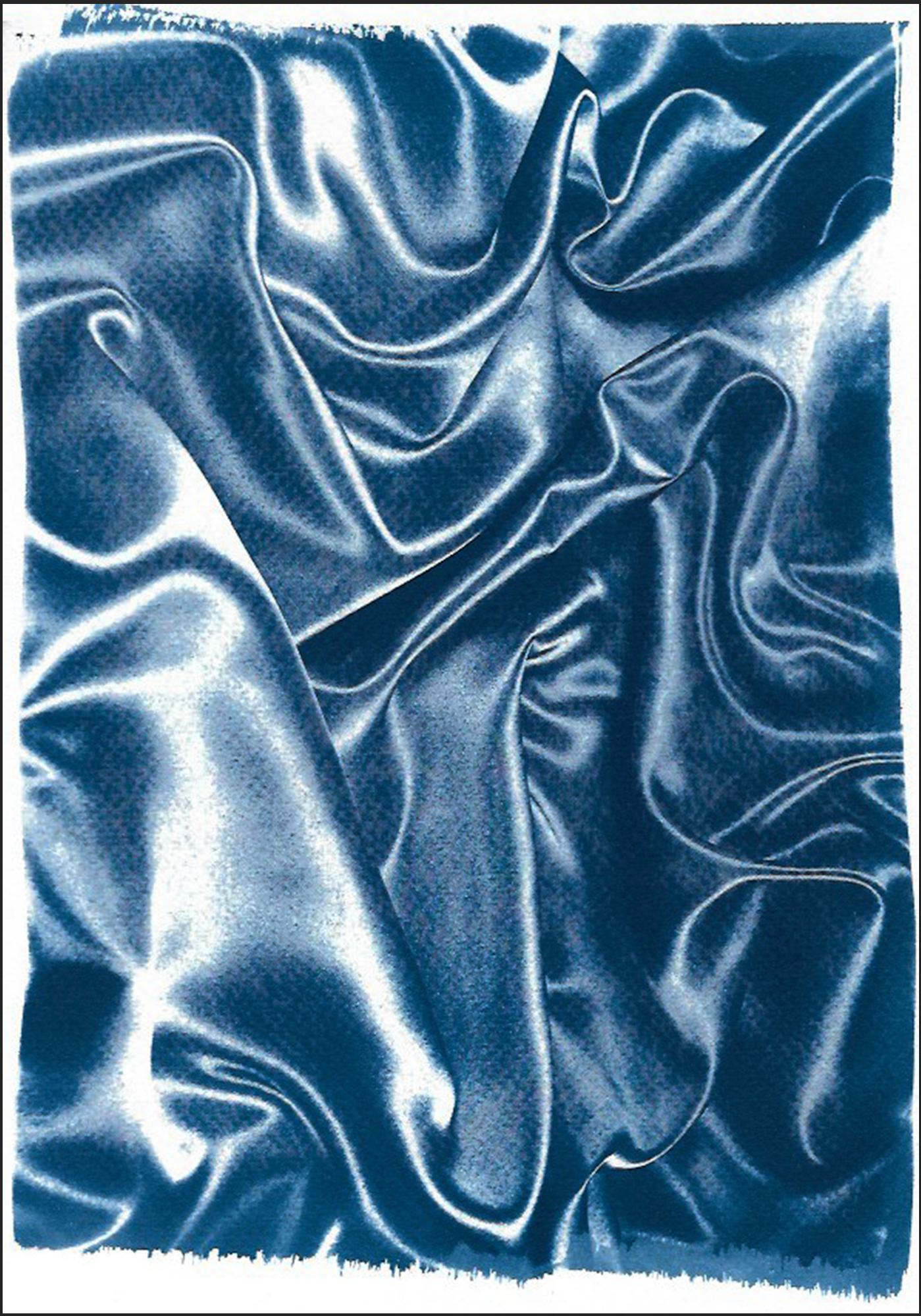 Classic Blue Silk Movement, Abstract Fabric Gestures, Contemporary Cyanotype 