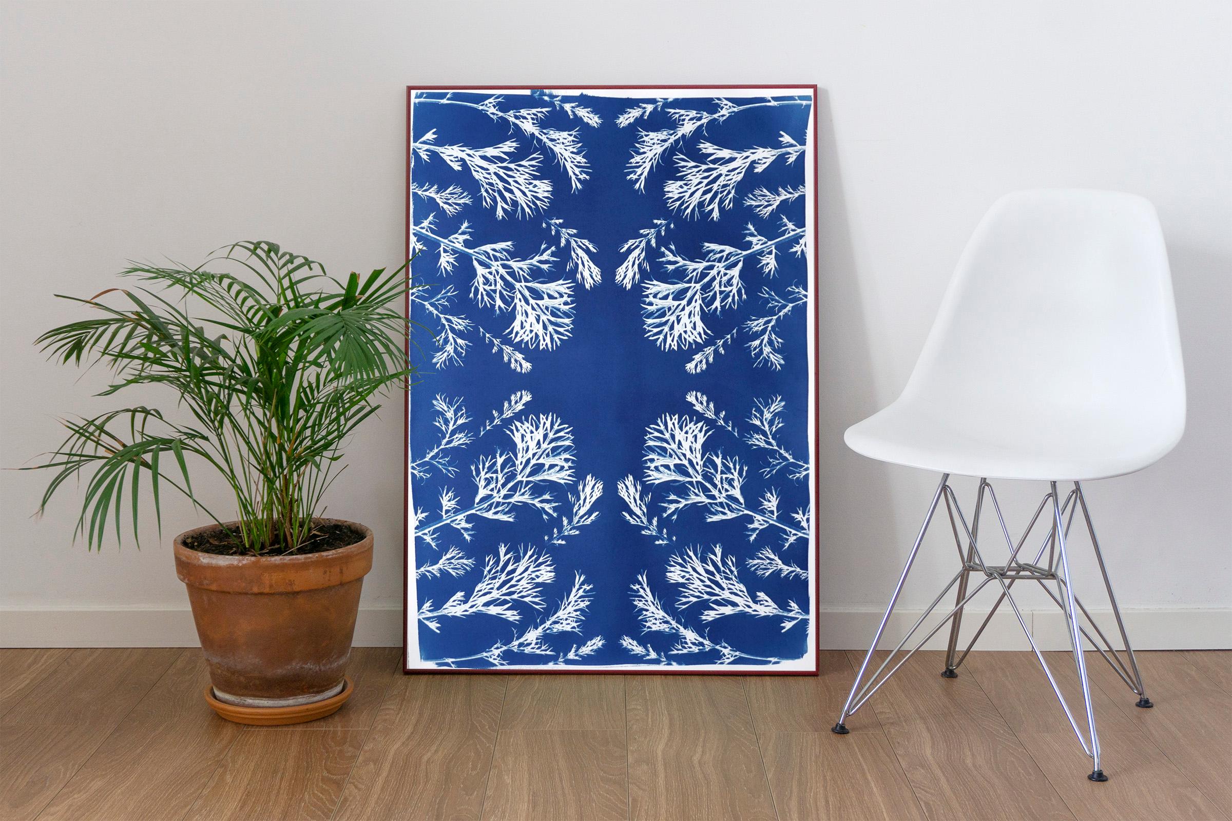 Classic Botanical Cyanotype of Vintage Pressed Flowers, Artisan Made, Blue Tones - Painting by Kind of Cyan