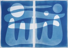 Cloudy Evening, Desert Modernism Diptych, Blue Tones Unique Monotype Landscape