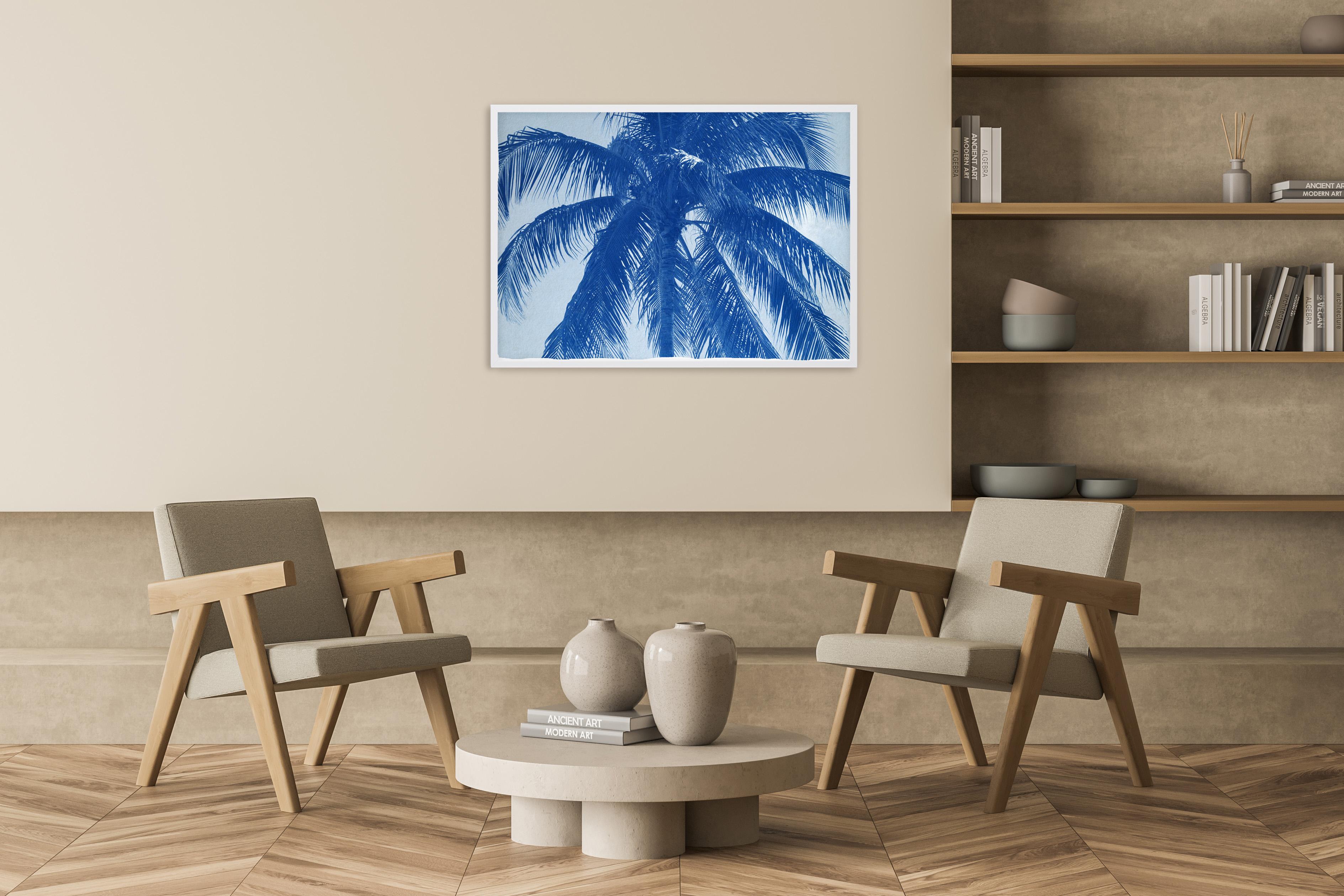 Palme de noix de coco, grande impression botanique, style tropical dans les tons bleus, limitée - Photograph de Kind of Cyan