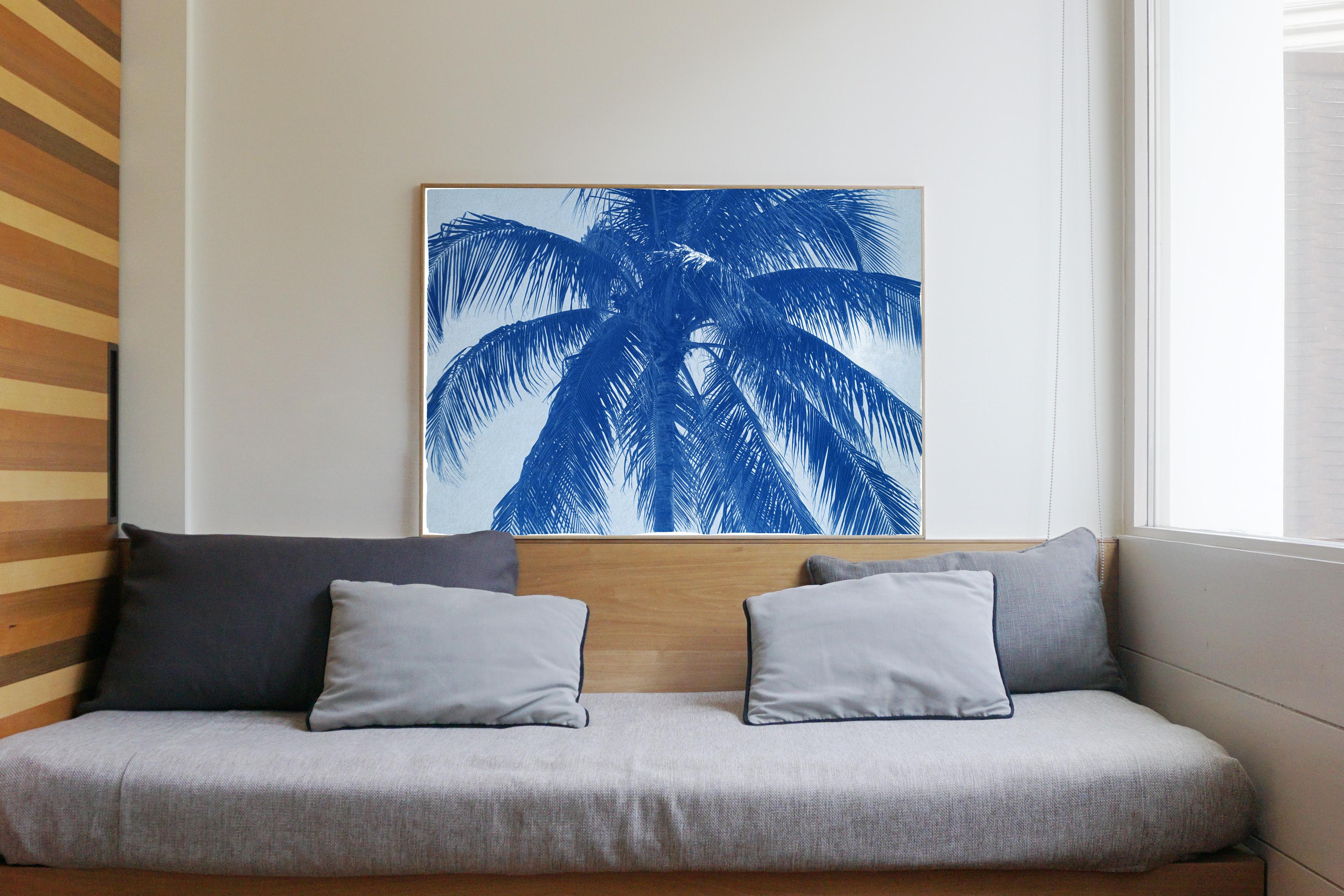Palme de noix de coco, grande impression botanique, style tropical dans les tons bleus, limitée - Bleu Still-Life Photograph par Kind of Cyan