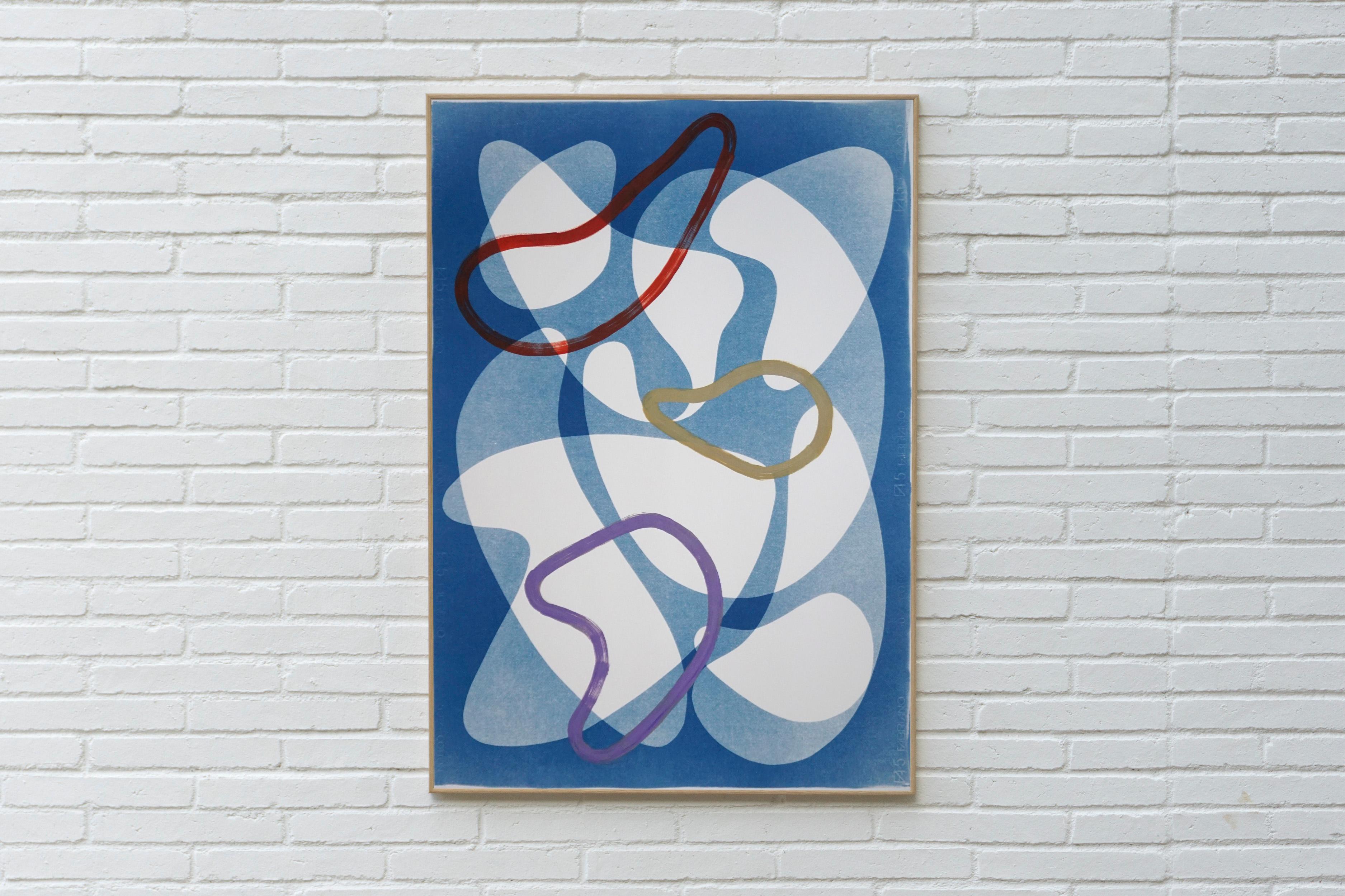 This is a unique mixed media piece: it is three hand-painted abstract colorful shapes upon a background that is a cyanotype - monotype inspired by mid-century modern shapes.

It's made by layering paper cutouts and different exposures using