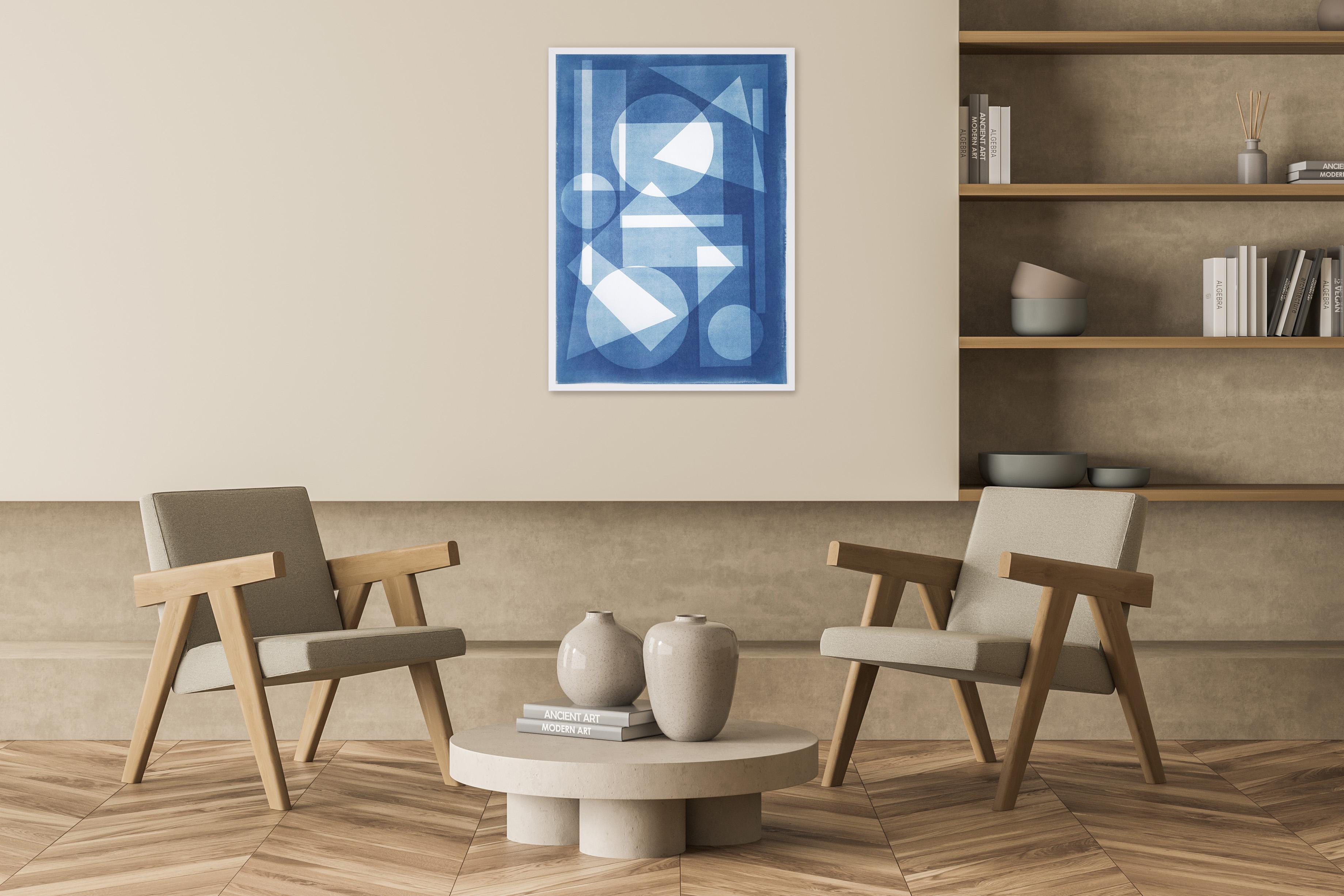 Constructivist Castle in Blue Tones, Primary Shapes Handmade Cyanotype Monotype - Photograph by Kind of Cyan