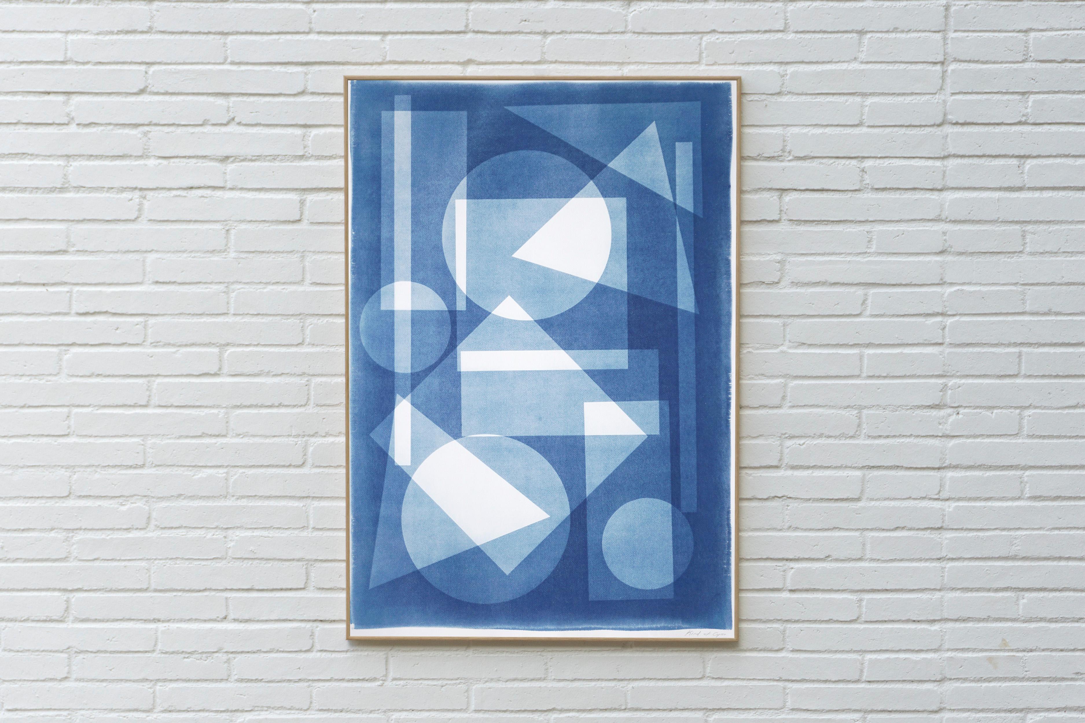 Constructivist Castle in Blue Tones, Primary Shapes Handmade Cyanotype Monotype For Sale 2