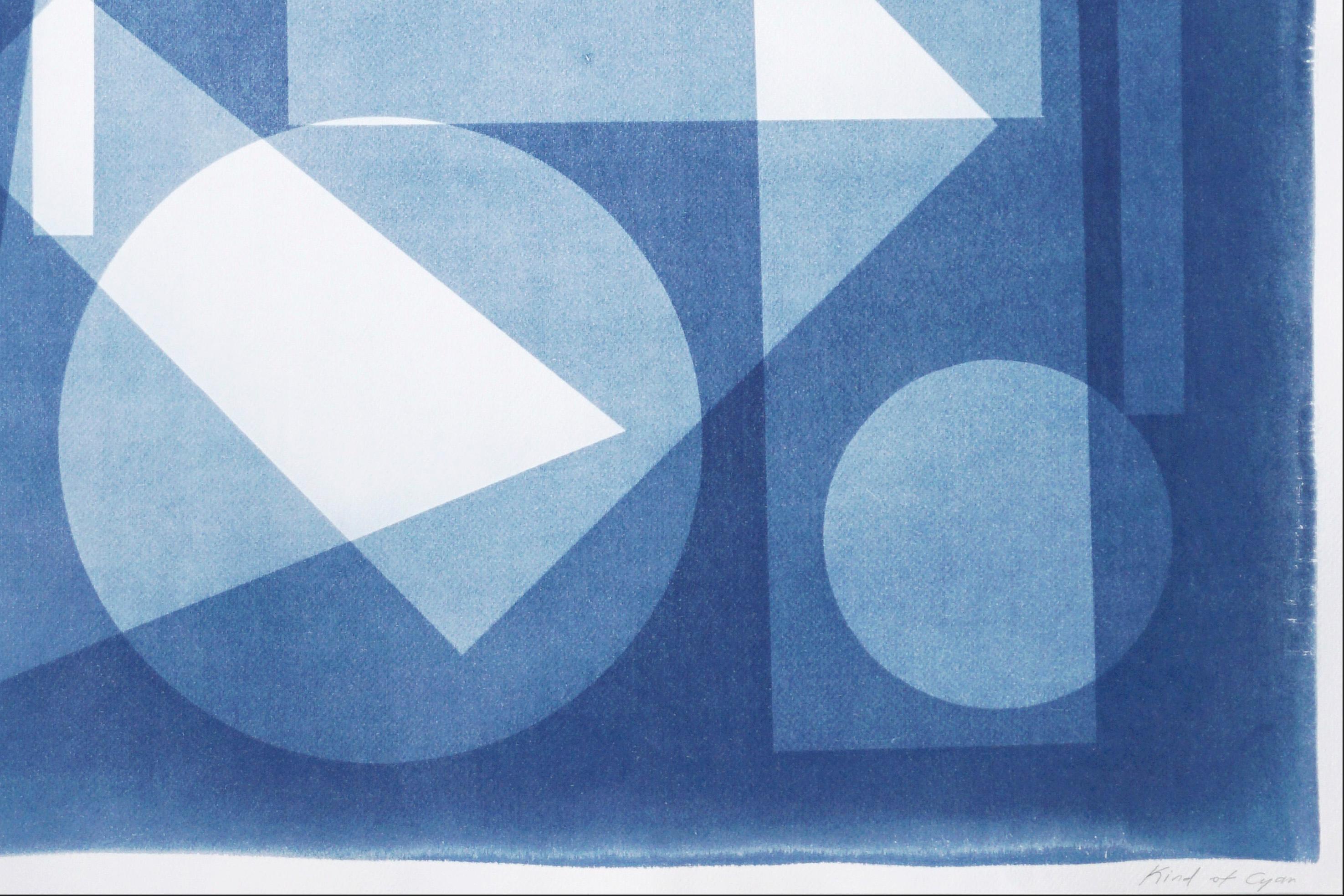 Constructivist Castle in Blue Tones, Primary Shapes Handmade Cyanotype Monotype For Sale 4