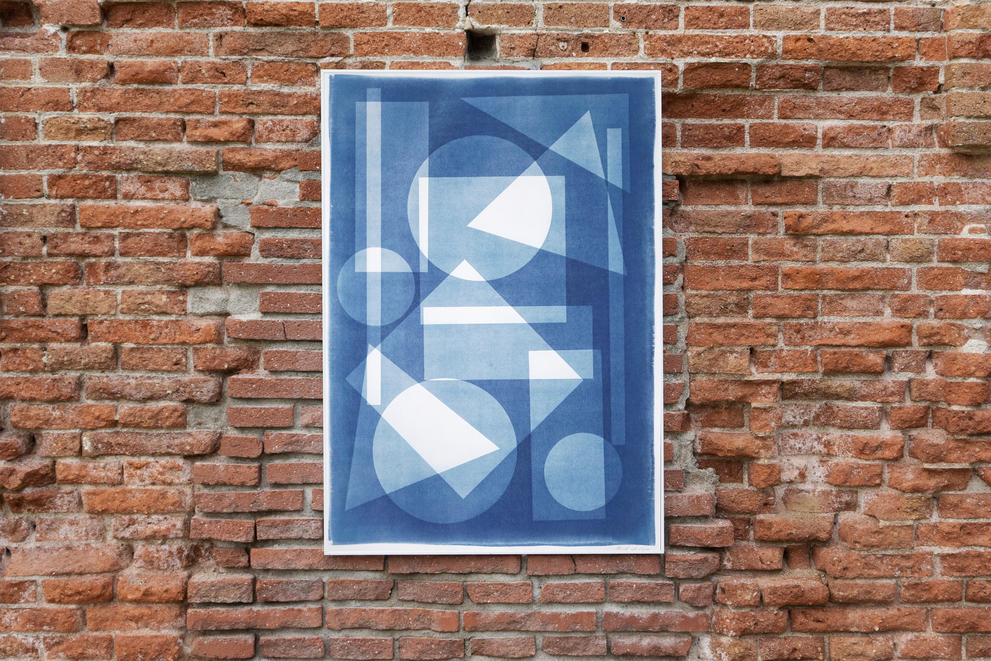 Constructivist Castle in Blue Tones, Primary Shapes Handmade Cyanotype Monotype For Sale 5