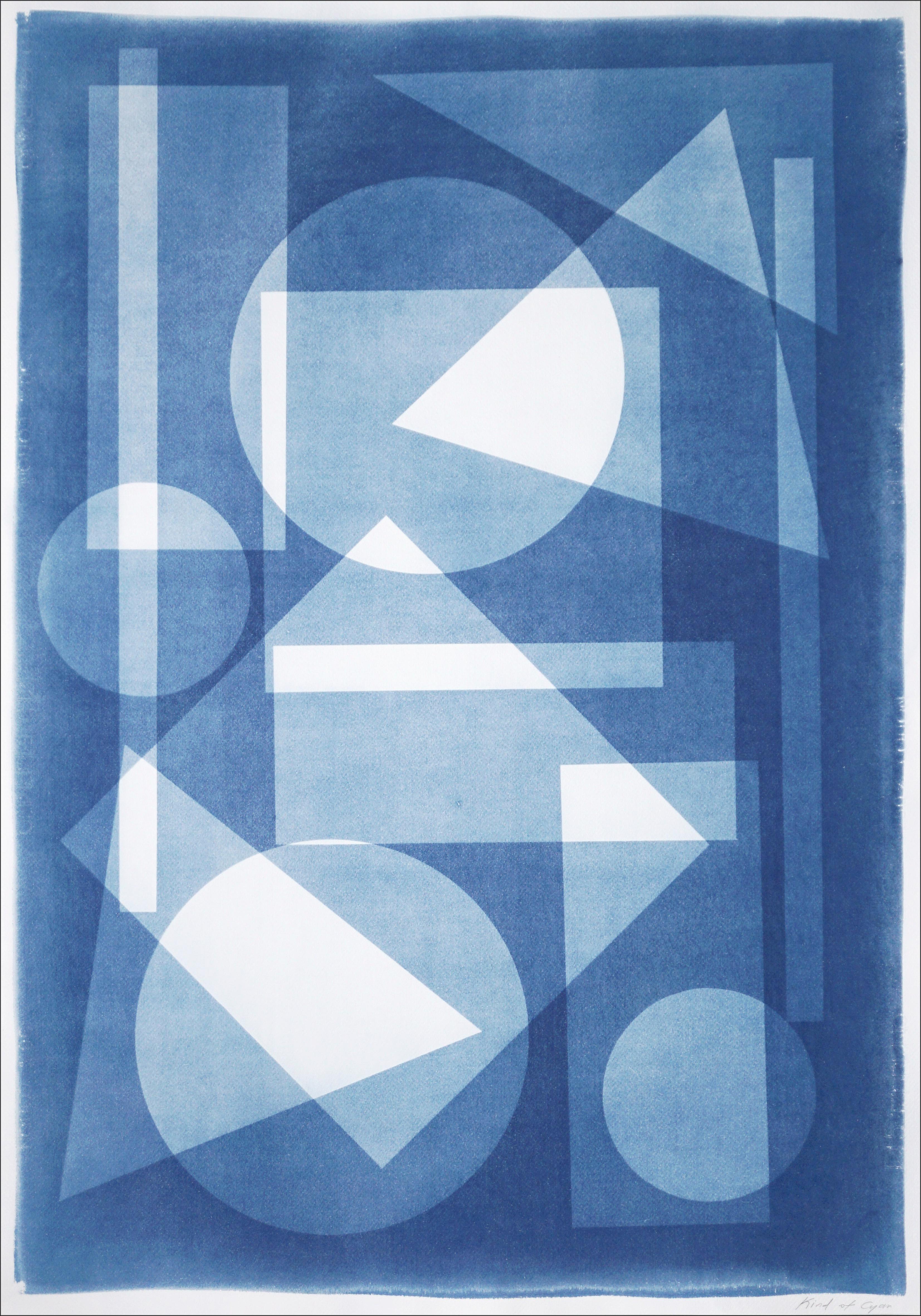 Kind of Cyan Abstract Photograph - Constructivist Castle in Blue Tones, Primary Shapes Handmade Cyanotype Monotype