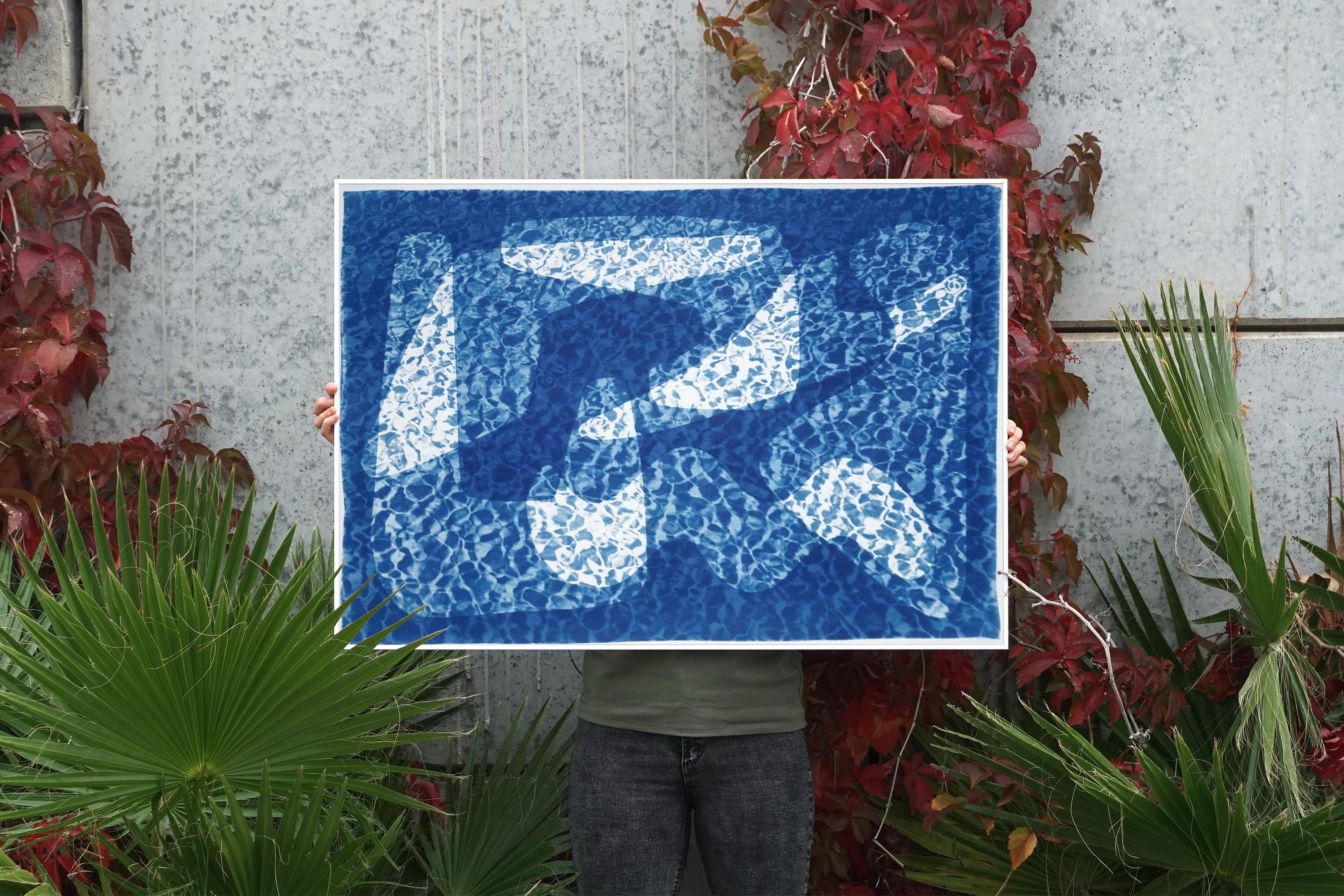 Contemporary Cyanotype Monotype of Mid Century Shapes Under Water  in Cold Tones - Blue Abstract Photograph by Kind of Cyan