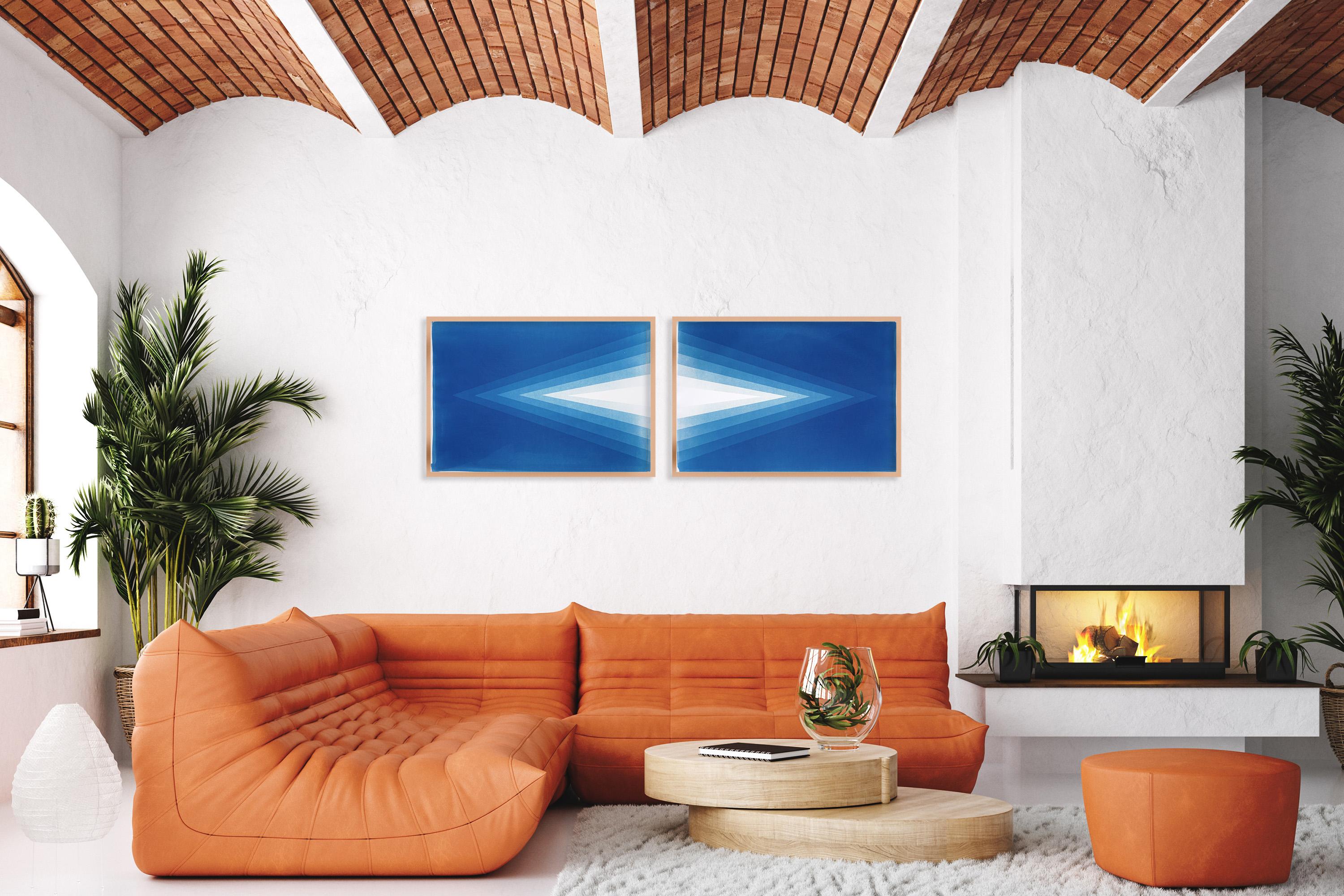 Zeitgenössisch minimalistisch, horizontales Diptychon, geometrisches blaues Diamant-Cyanotypie-Papier im Angebot 2