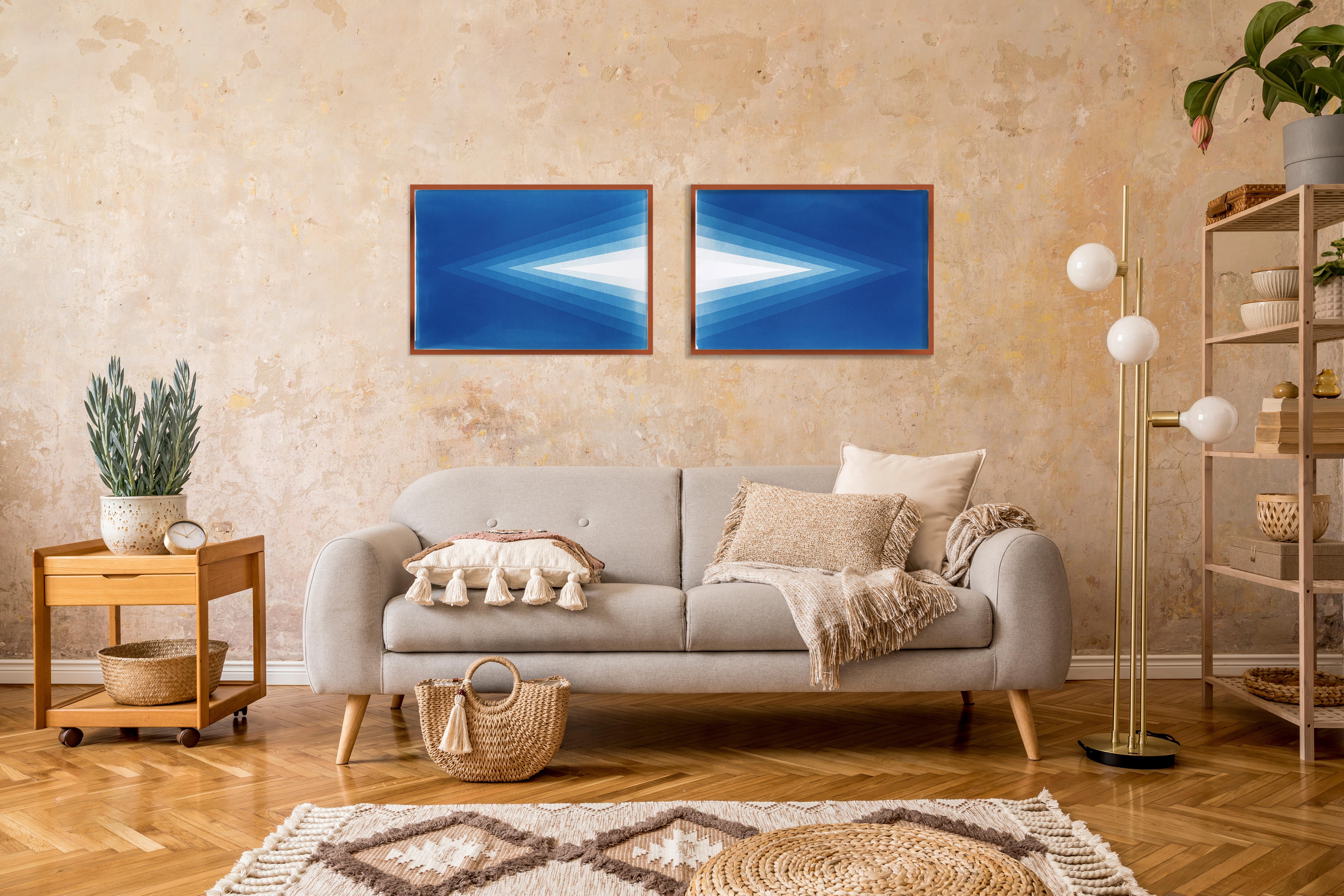 Zeitgenössisch minimalistisch, horizontales Diptychon, geometrisches blaues Diamant-Cyanotypie-Papier im Angebot 5