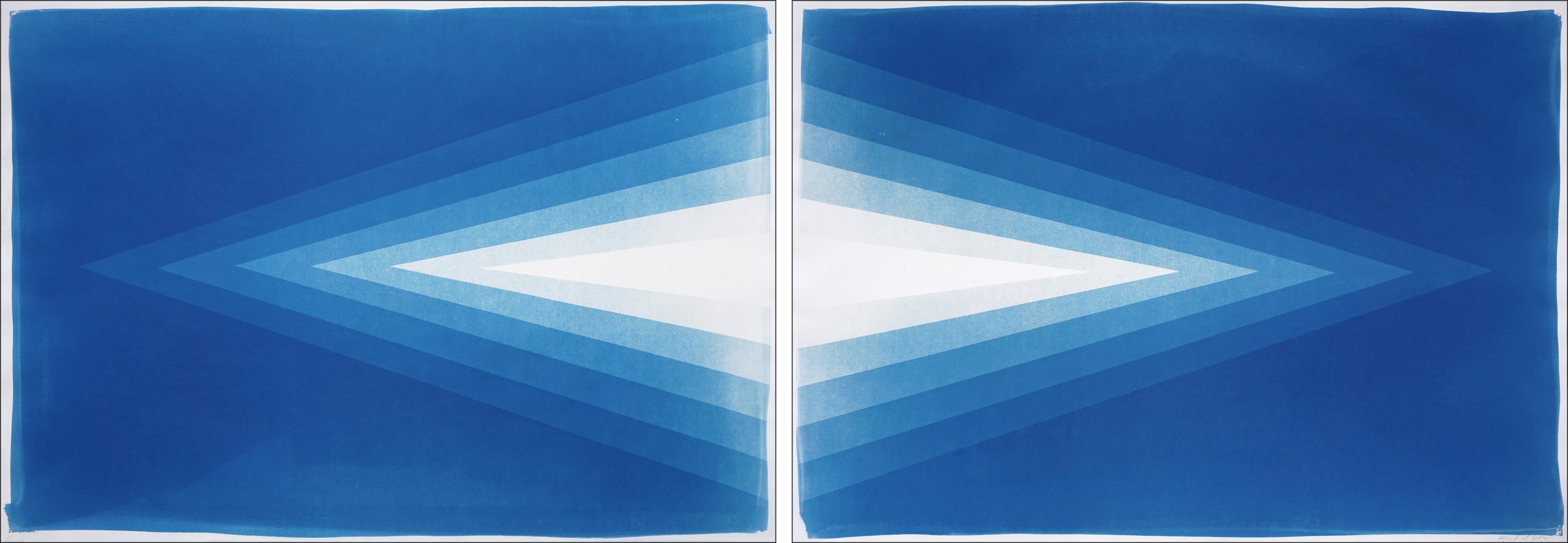 Contemporary Minimal, Horizontal Diptych, Geometric Blue Diamond Cyanotype Paper