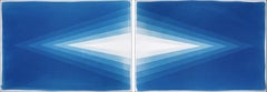 Contemporary Minimal, Horizontal Diptych, Geometric Blue Diamond Cyanotype Paper