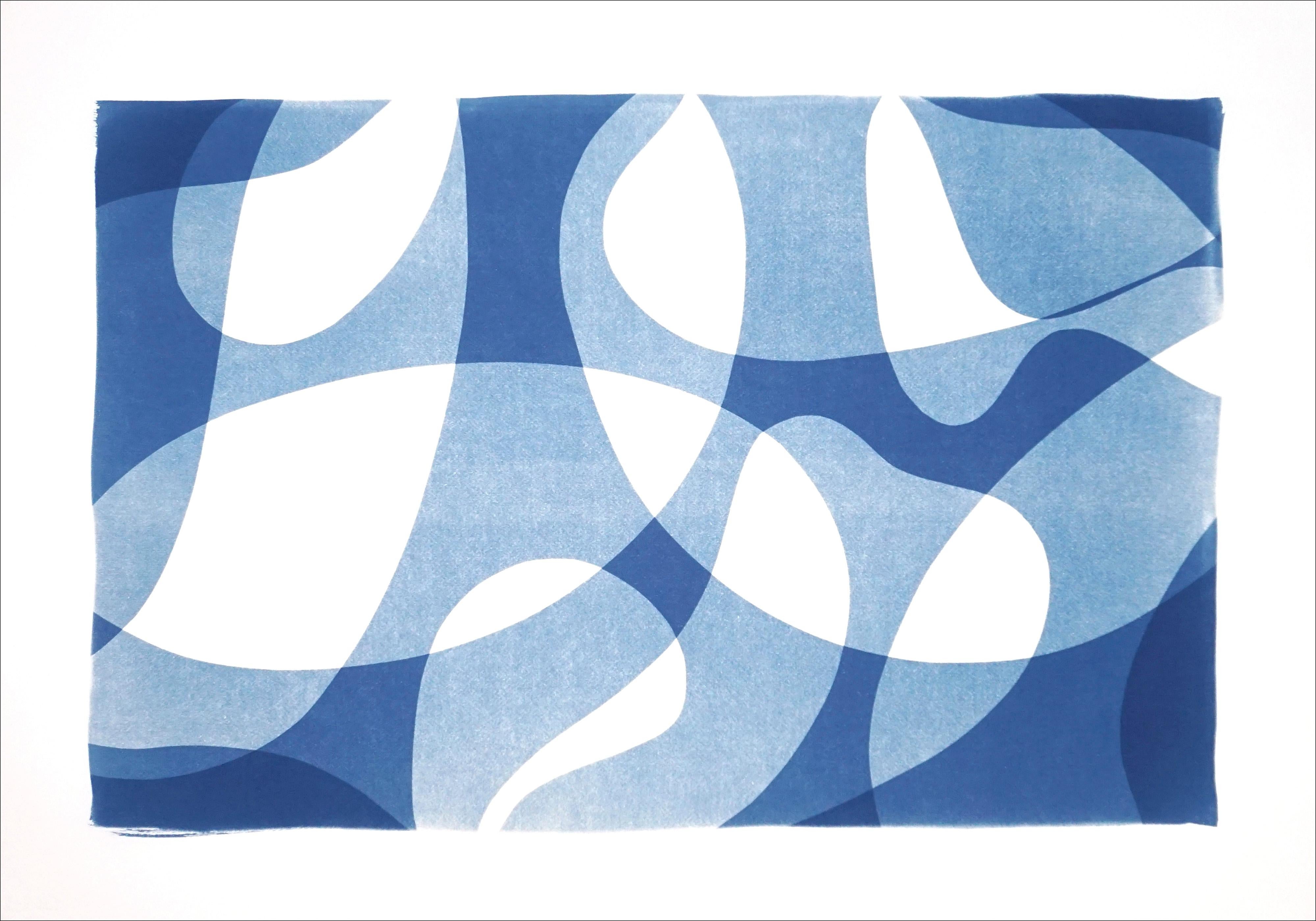 Contour Silhouettes in Blue, Modern Print of Organic Shapes in Blue Tones, White