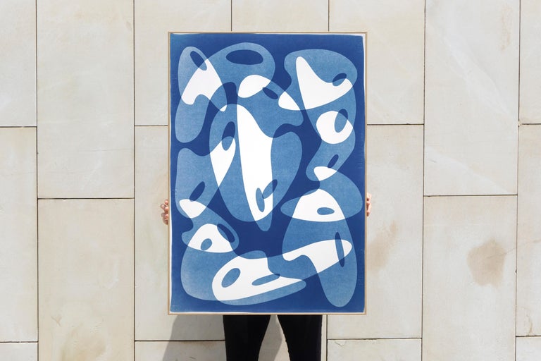 Cool Palette Curves, Handmade Cyanotype Monotype, Watercolor Paper, Blue, White For Sale 4