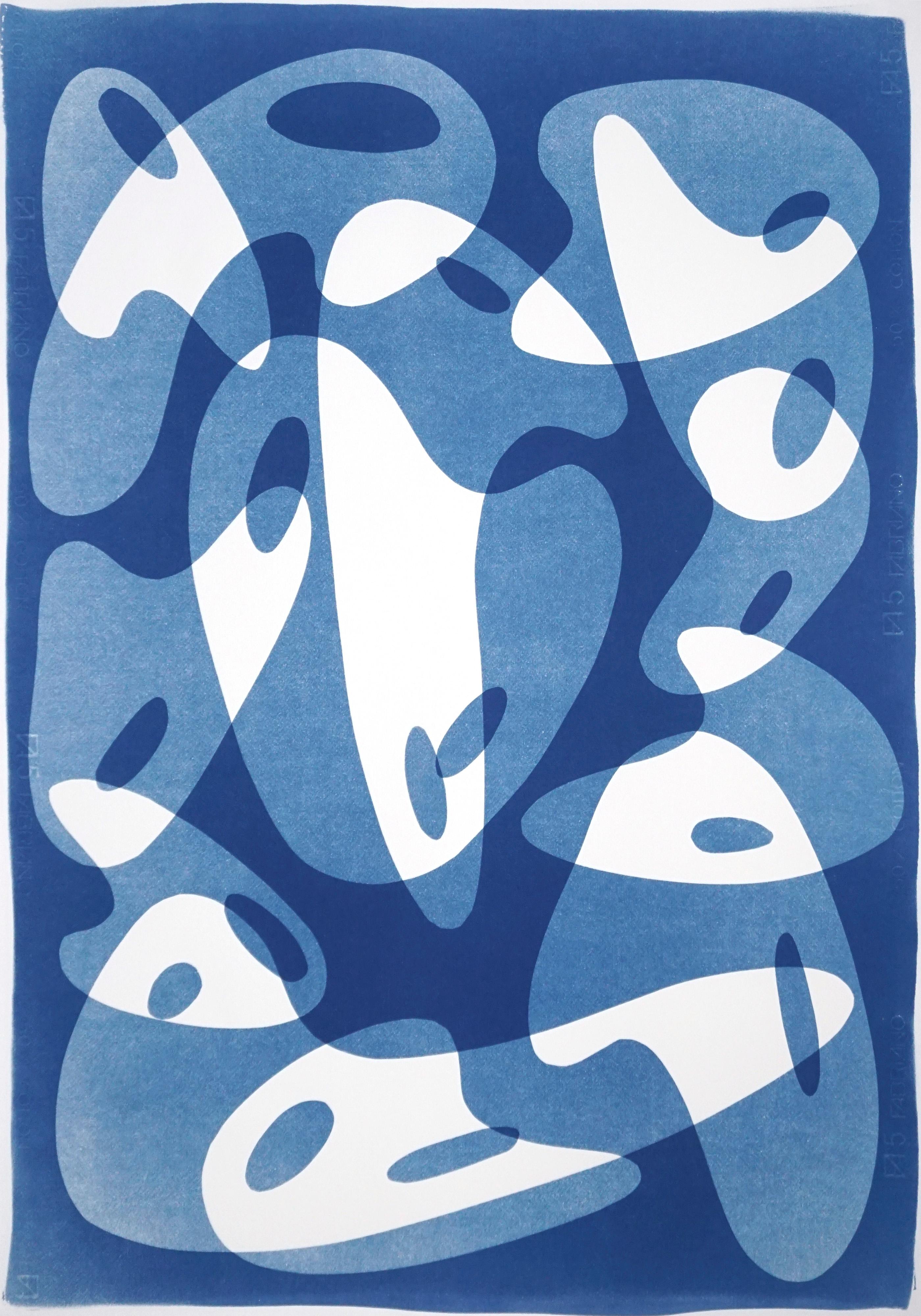 Cool Palette Curves, Handmade Cyanotype Monotype, Watercolor Paper, Blue, White