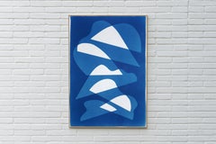 Curved Mirrors, Vertical Monotype Cyanotoype, Deep Blue & White Abstract Shapes