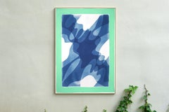 Curvy Blue Shadows with Green Border, Mixed Media Cyanotype Print, Blurry Forms