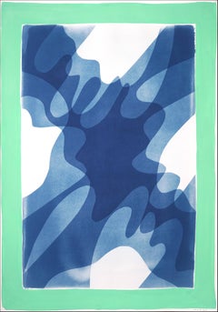 Curvy Blue Shadows with Green Border, Mixed Media Cyanotype Print, Blurry Forms