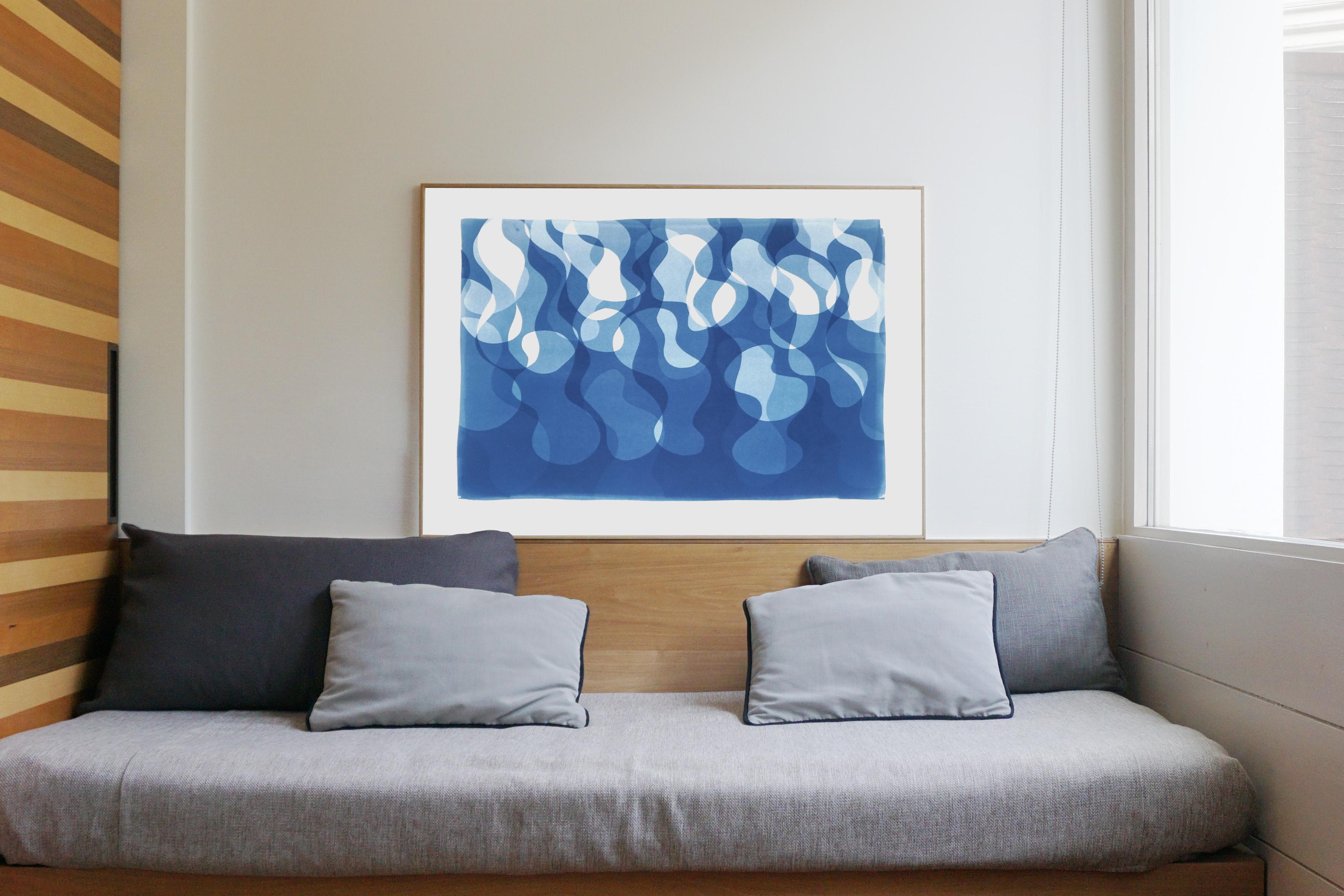 This is an exclusive handprinted unique cyanotype that takes its inspiration from the mid-century modern shapes.
It's made by layering paper cutouts and different exposures using uv-light. 

Details:
+ Title: Curvy Water Flow
+ Year: 2021
+ Stamped