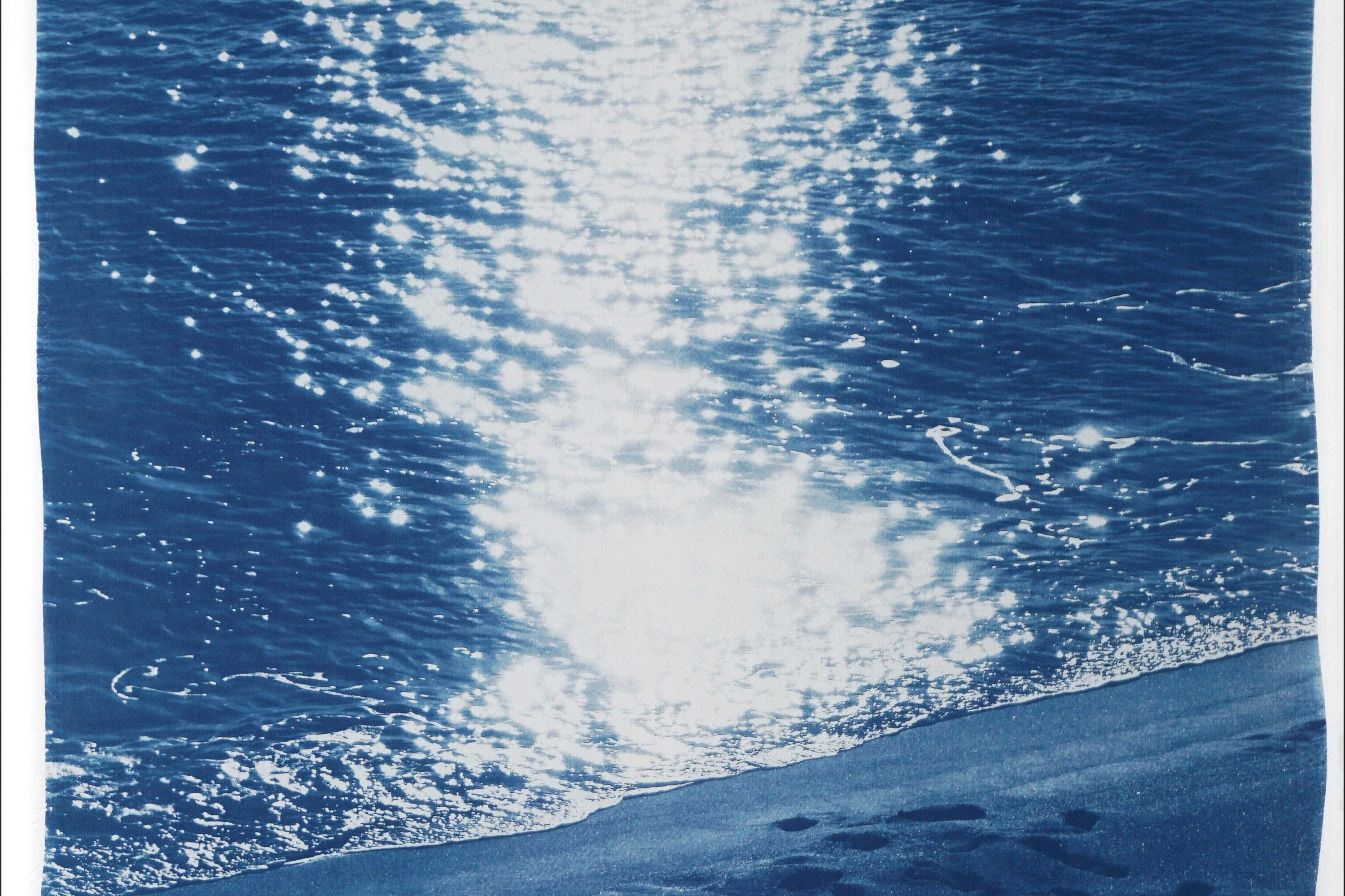 Dark Beach Sunrise, Blue Nautical Cyanotype, Watercolor Paper, Vertical Seascape - Realist Print by Kind of Cyan
