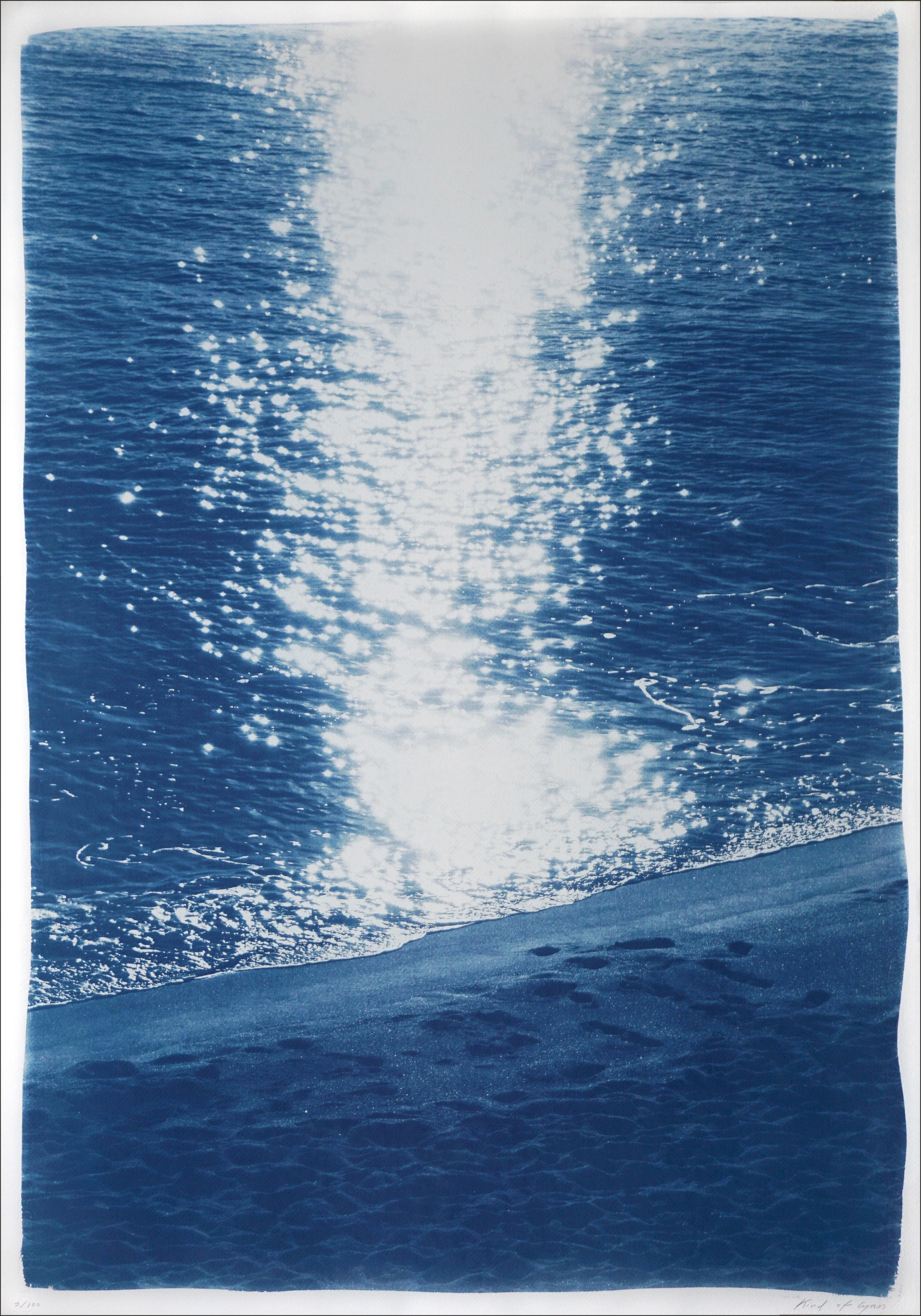 Kind of Cyan Landscape Art - Dark Beach Sunrise, Blue Nautical Cyanotype, Watercolor Paper, Vertical Seascape
